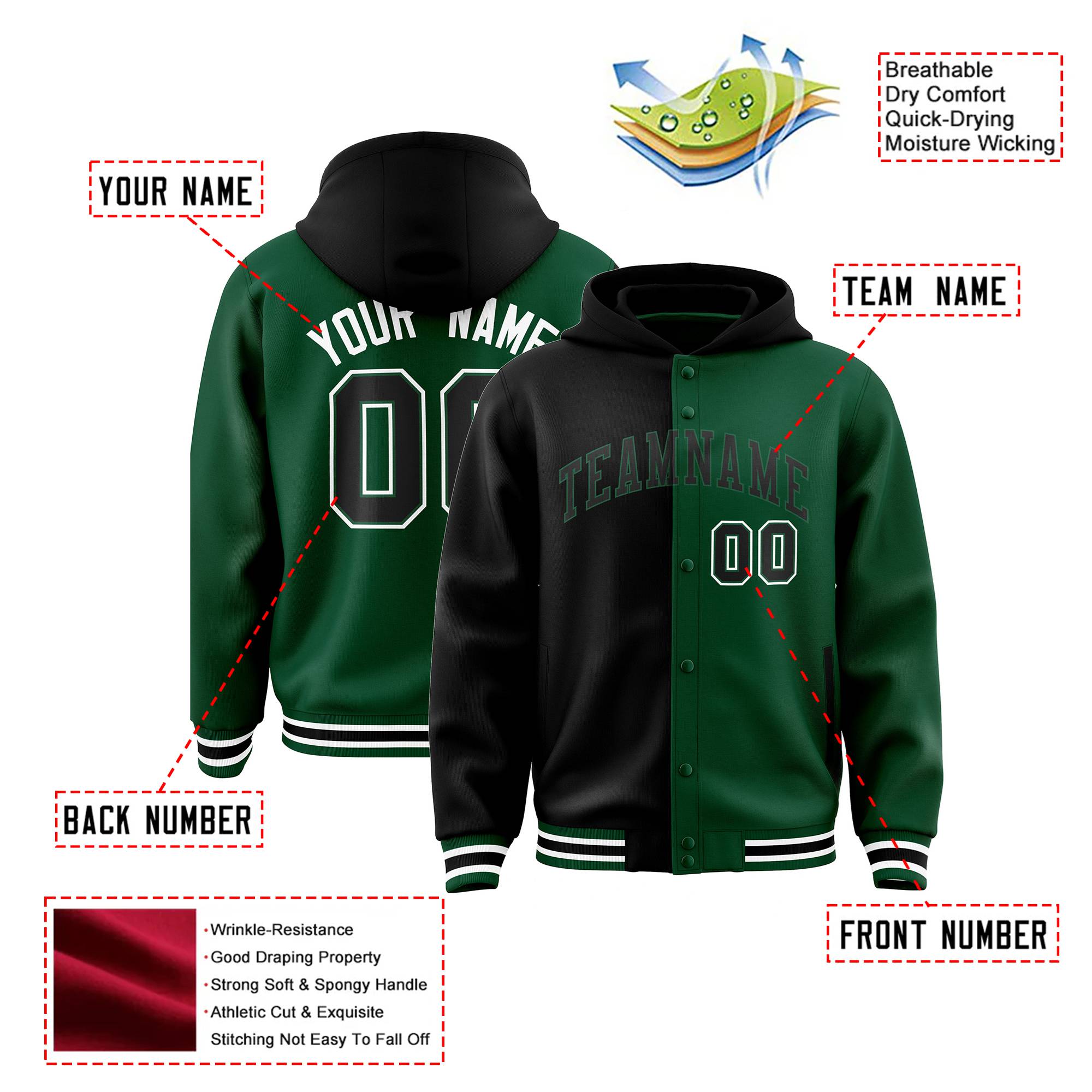 Custom Black Green Split Fashion Varsity Full-Snap Letterman Two Tone Hoodie Jacket