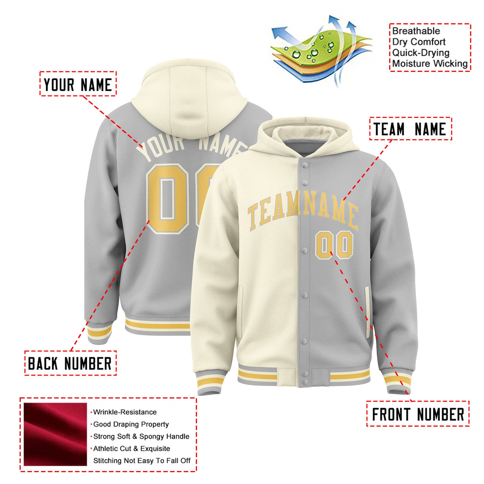 Custom Cream Gray Split Fashion Varsity Full-Snap Letterman Two Tone Hoodie Jacket