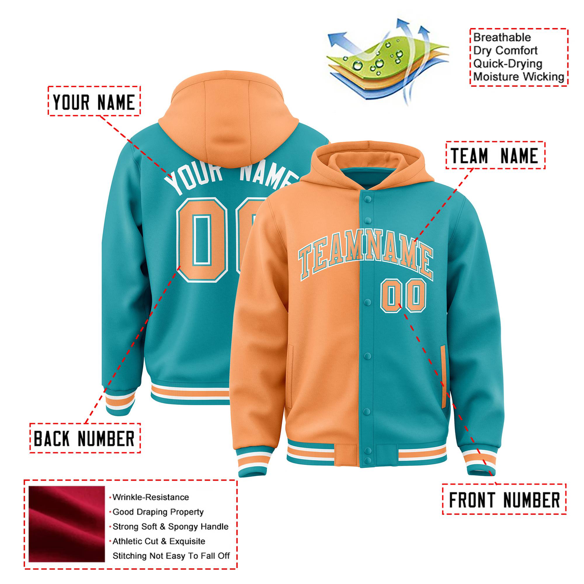 Custom Orange Aqua Split Fashion Varsity Full-Snap Letterman Two Tone Hoodie Jacket