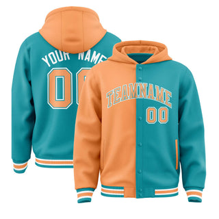Chaqueta con capucha bicolor personalizada, estilo universitario, con cierre a presión y diseño dividido en naranja y aguamarina - Estilo 1