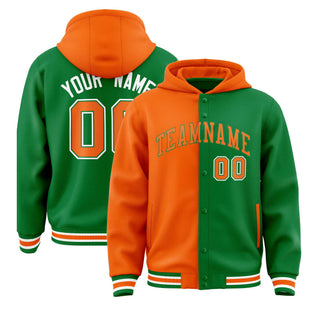Chaqueta con capucha bicolor personalizada, color naranja, verde Kelly, con aberturas laterales, estilo universitario, con cierre a presión y diseño Letterman - Estilo 1