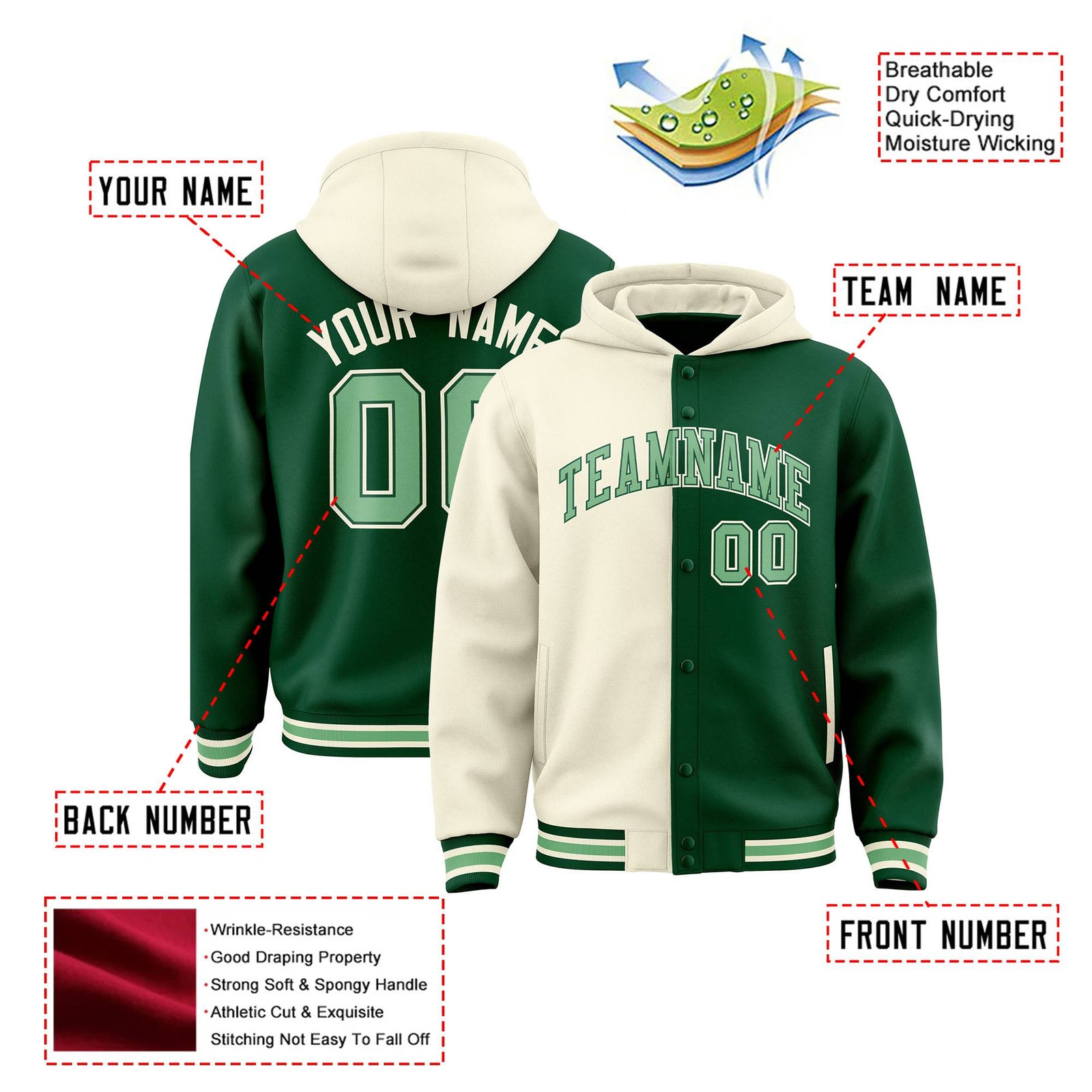 Custom Cream Green Split Fashion Varsity Full-Snap Letterman Two Tone Hoodie Jacket