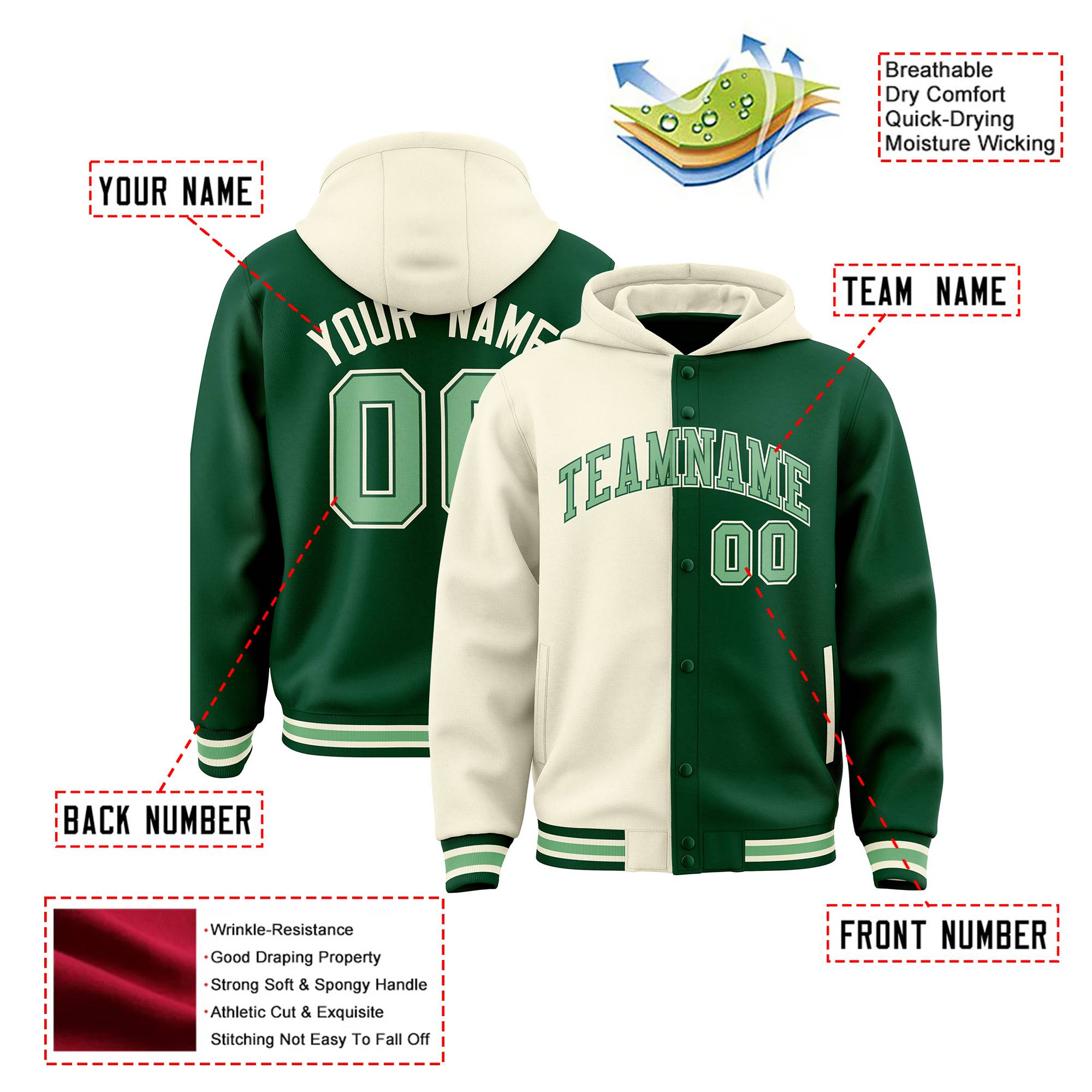 Custom Cream Green Split Fashion Varsity Full-Snap Letterman Two Tone Hoodie Jacket