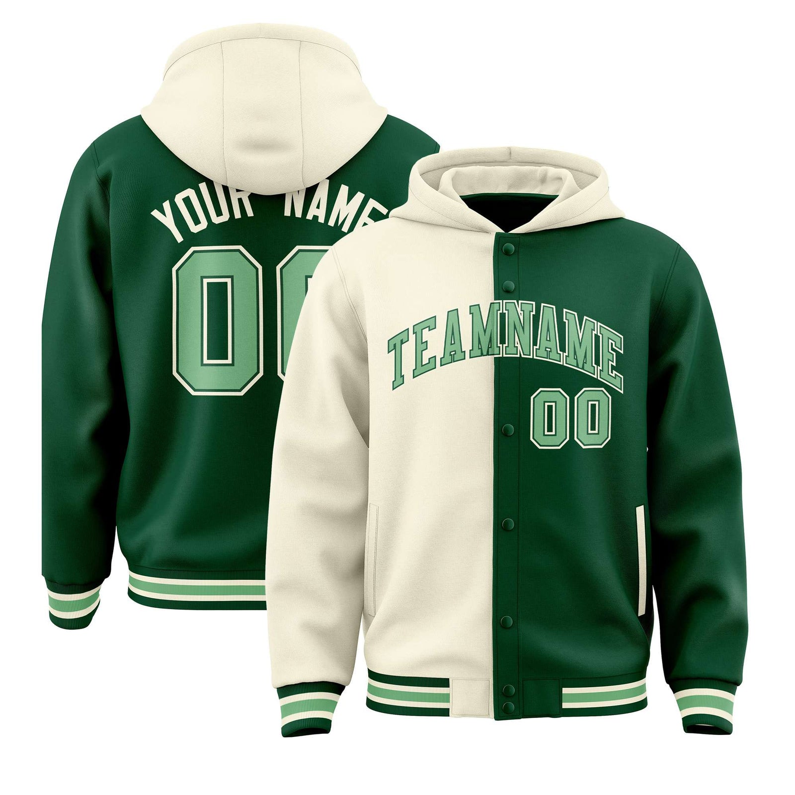 Custom Cream Green Split Fashion Varsity Full-Snap Letterman Two Tone Hoodie Jacket