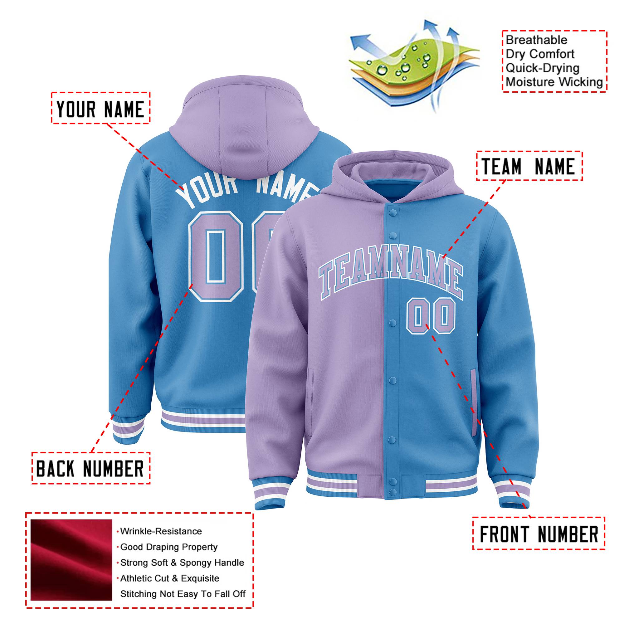 Custom Light Purple Light Blue Split Fashion Varsity Full-Snap Letterman Two Tone Hoodie Jacket