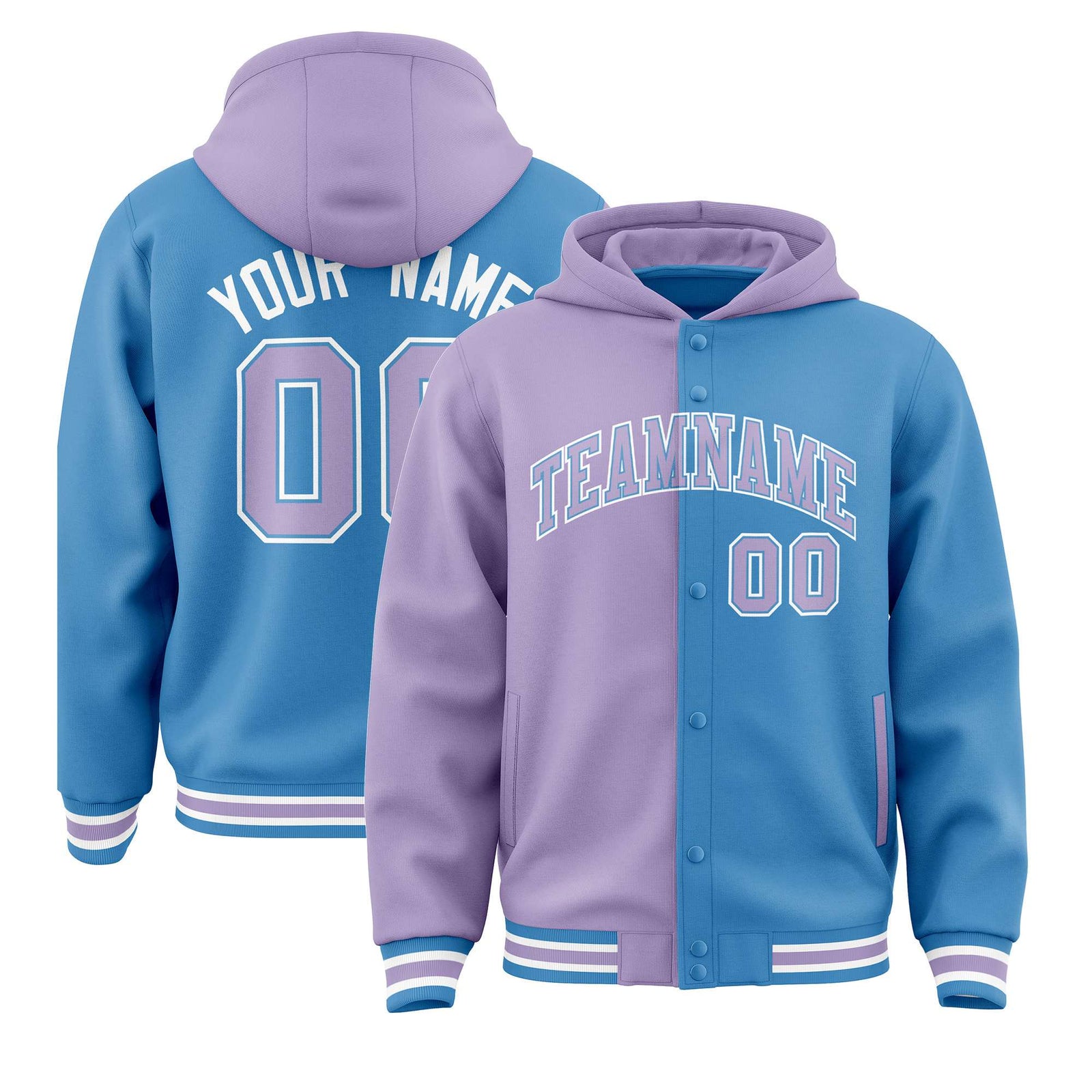 Custom Light Purple Light Blue Split Fashion Varsity Full-Snap Letterman Two Tone Hoodie Jacket