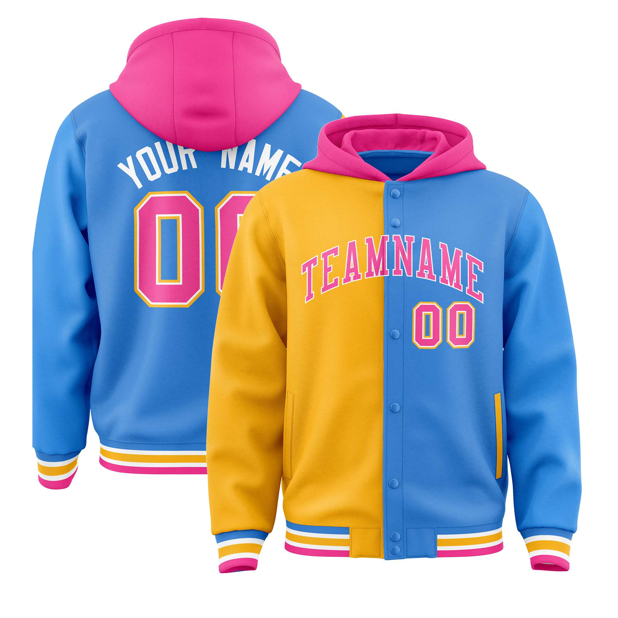 Custom Yellow Powder Blue Split Fashion Varsity Full-Snap Letterman Two Tone Hoodie Jacket