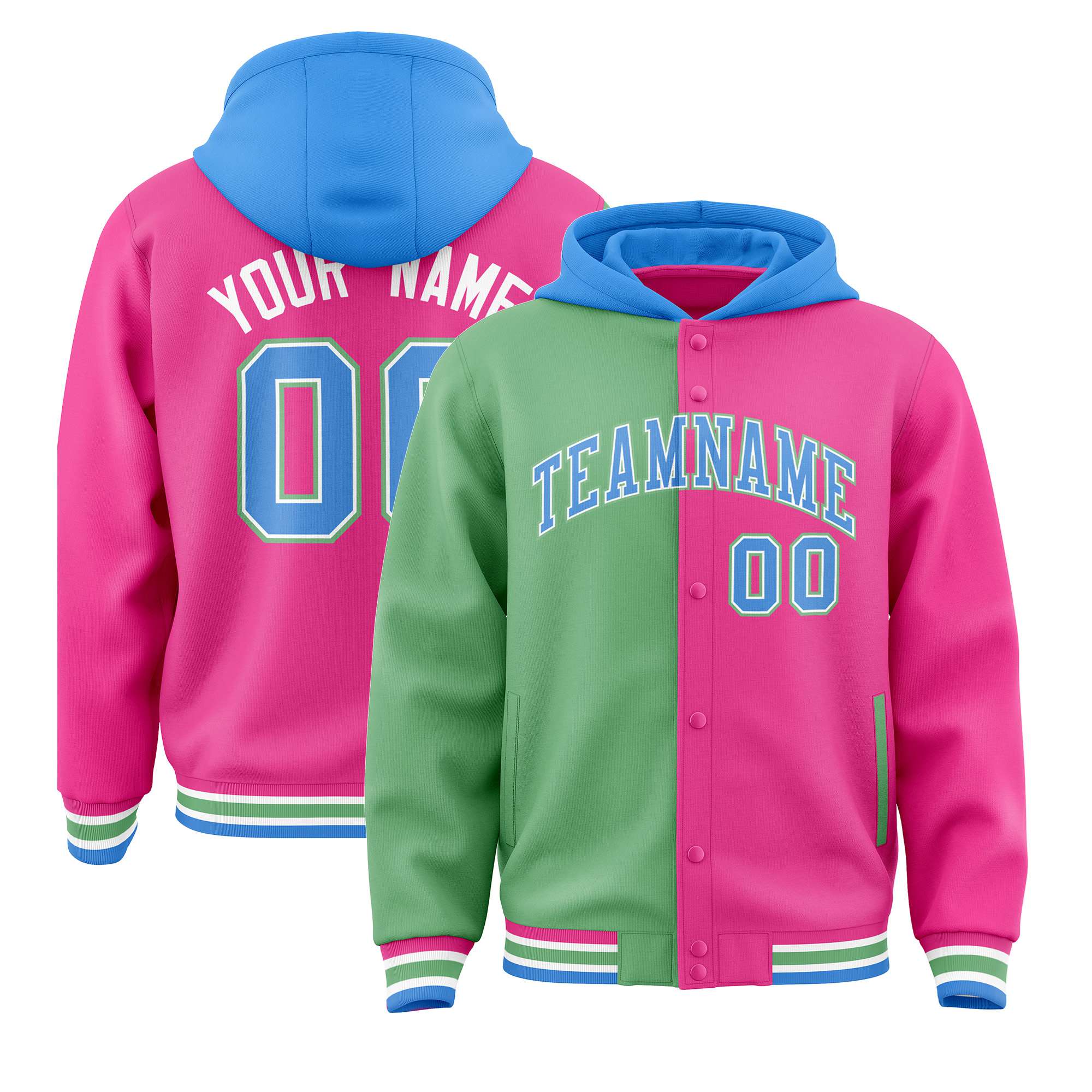 Custom Bright Green Pink Split Fashion Varsity Full-Snap Letterman Two Tone Hoodie Jacket