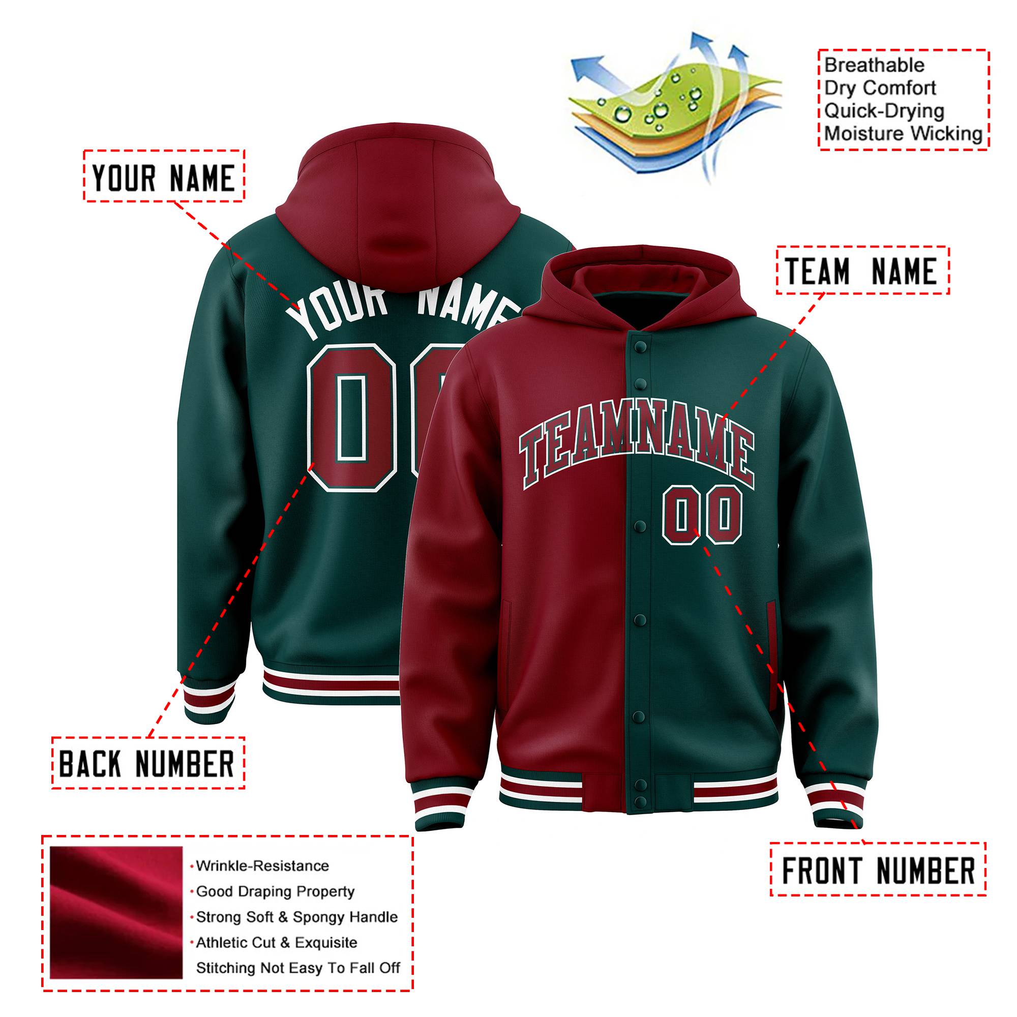 Custom Crimson Green Split Fashion Varsity Full-Snap Letterman Two Tone Hoodie Jacket