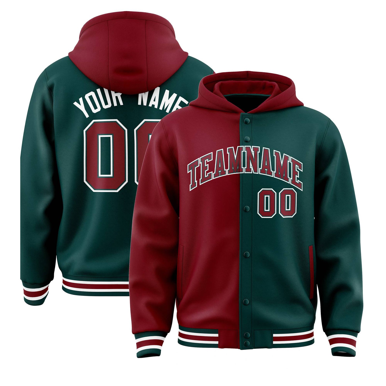 Custom Crimson Green Split Fashion Varsity Full-Snap Letterman Two Tone Hoodie Jacket