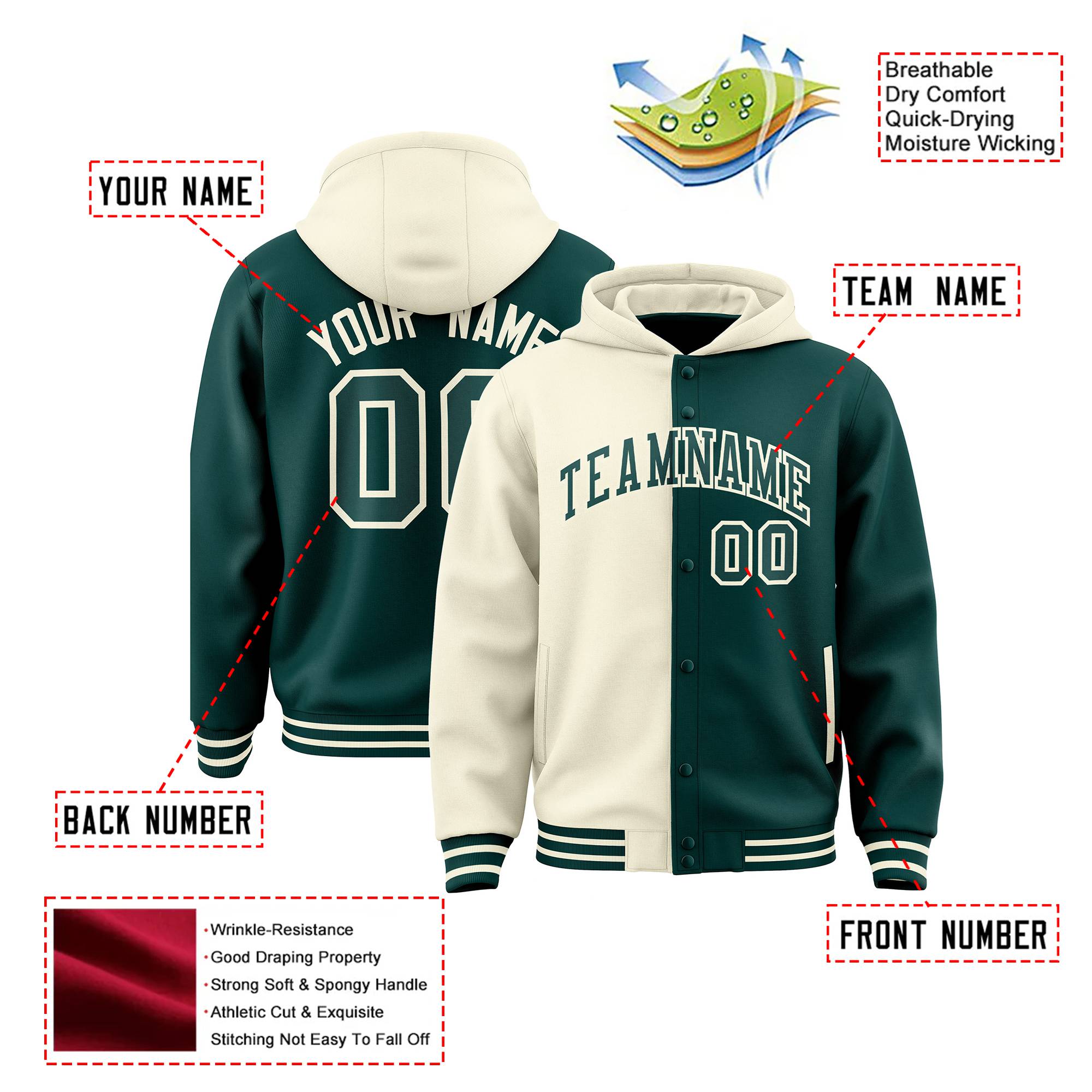 Custom Cream Midnight Green Split Fashion Varsity Full-Snap Letterman Two Tone Hoodie Jacket