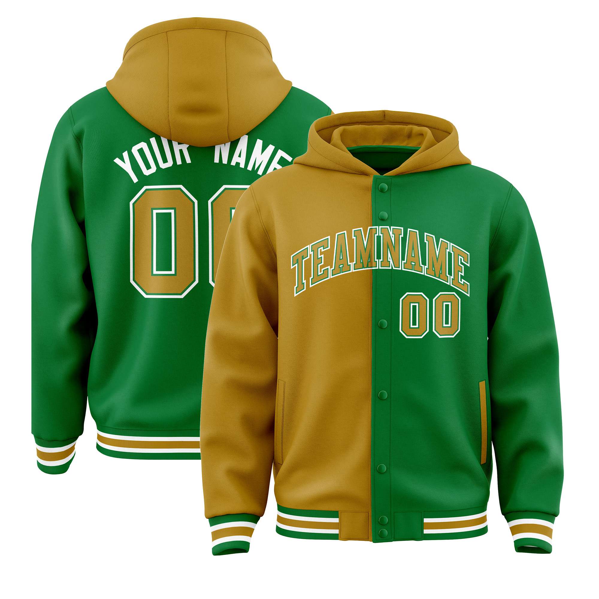 Custom Brown Kelly Green Split Fashion Varsity Full-Snap Letterman Two Tone Hoodie Jacket