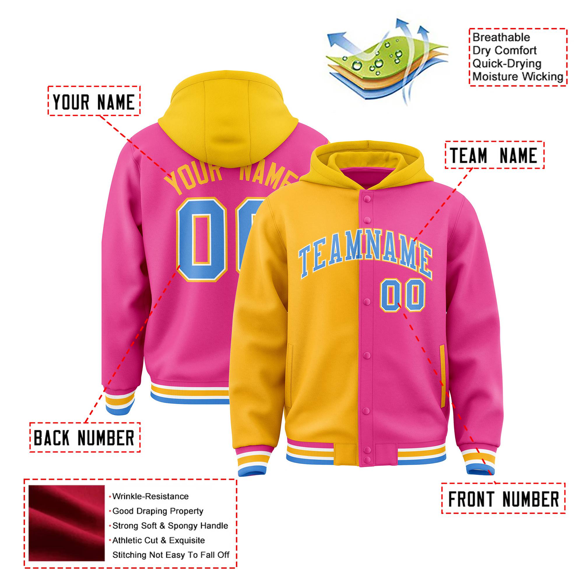 Custom Yellow Pink Split Fashion Varsity Full-Snap Letterman Two Tone Hoodie Jacket