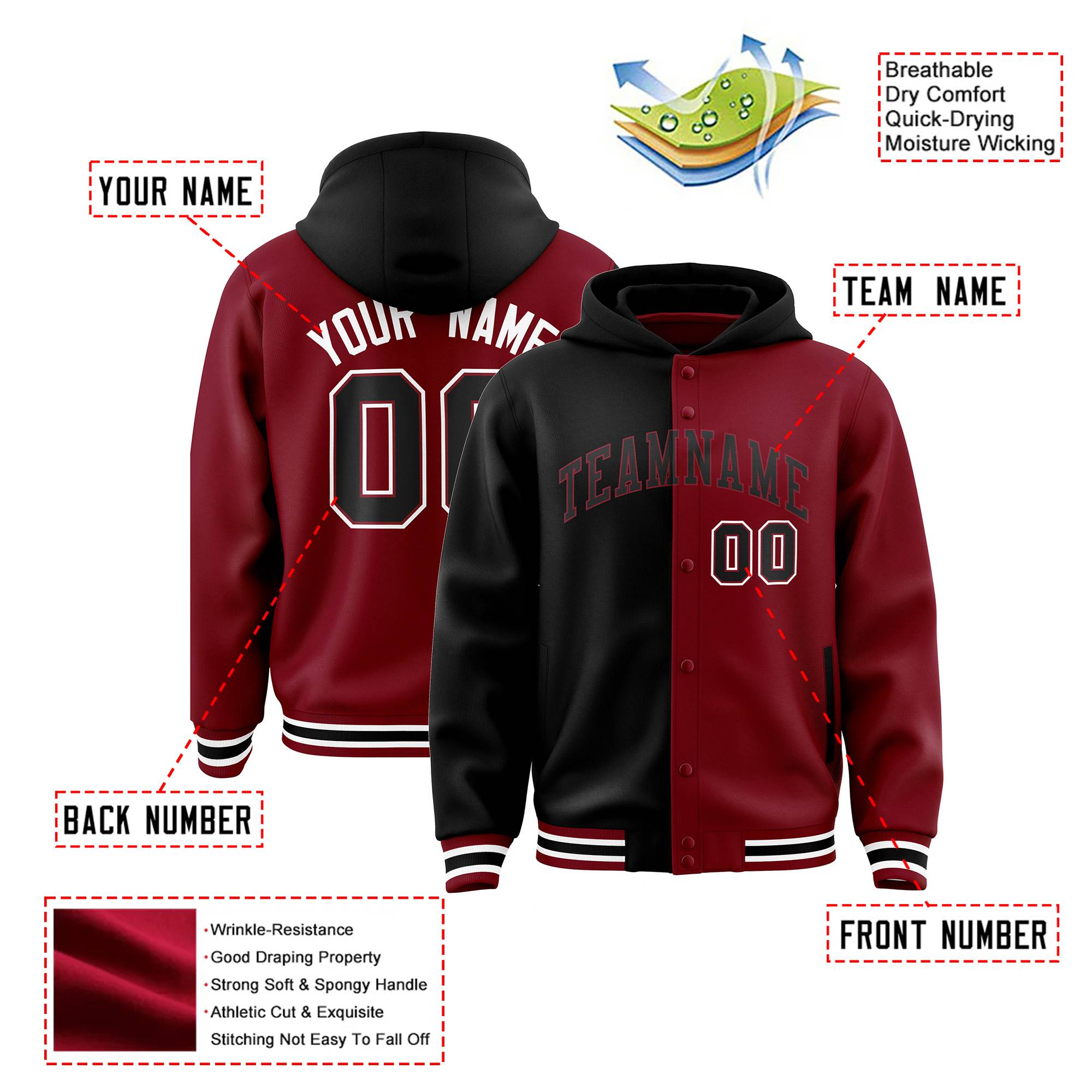 Custom Black Crimson Split Fashion Varsity Full-Snap Letterman Two Tone Hoodie Jacket