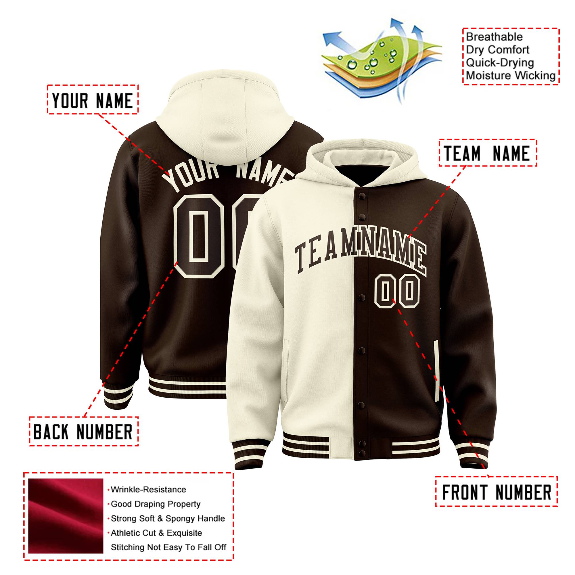 Custom Cream Brown Split Fashion Varsity Full-Snap Letterman Two Tone Hoodie Jacket