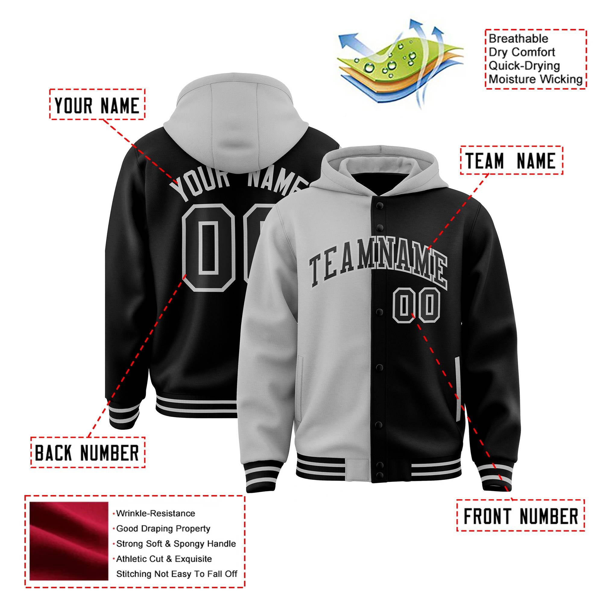 Custom Gray Black Split Fashion Varsity Full-Snap Letterman Two Tone Hoodie Jacket