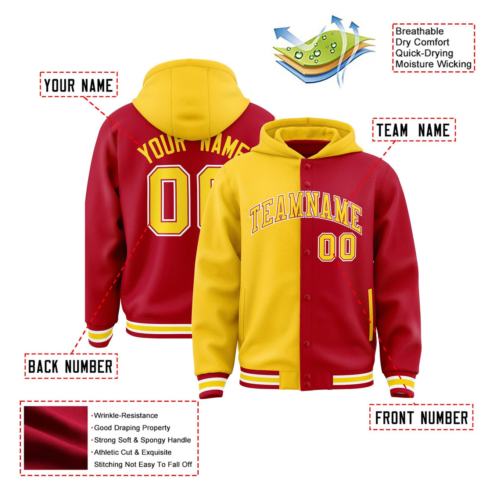 Custom Gold Red Split Fashion Varsity Full-Snap Letterman Two Tone Hoodie Jacket