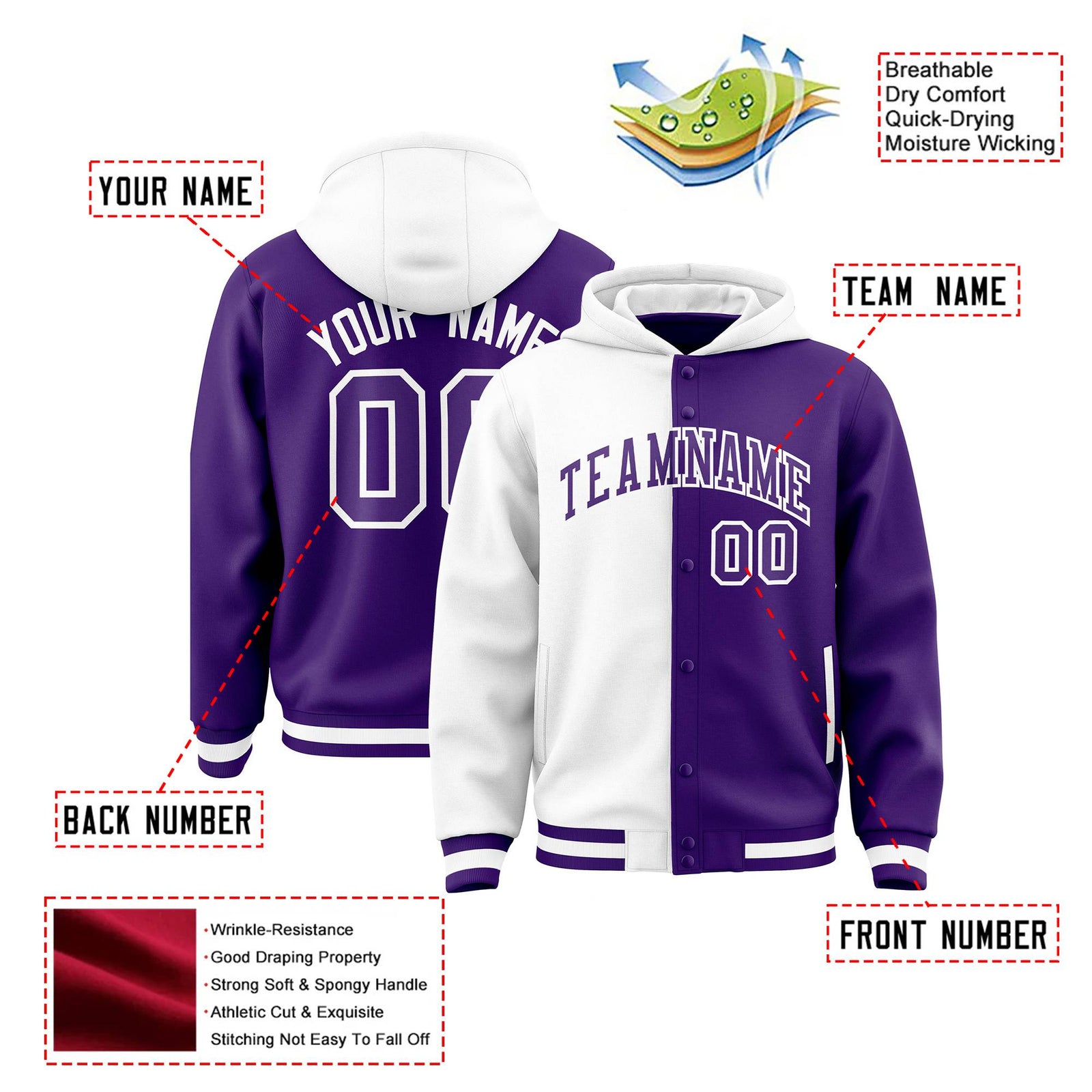 Custom White Purple Split Fashion Varsity Full-Snap Letterman Two Tone Hoodie Jacket