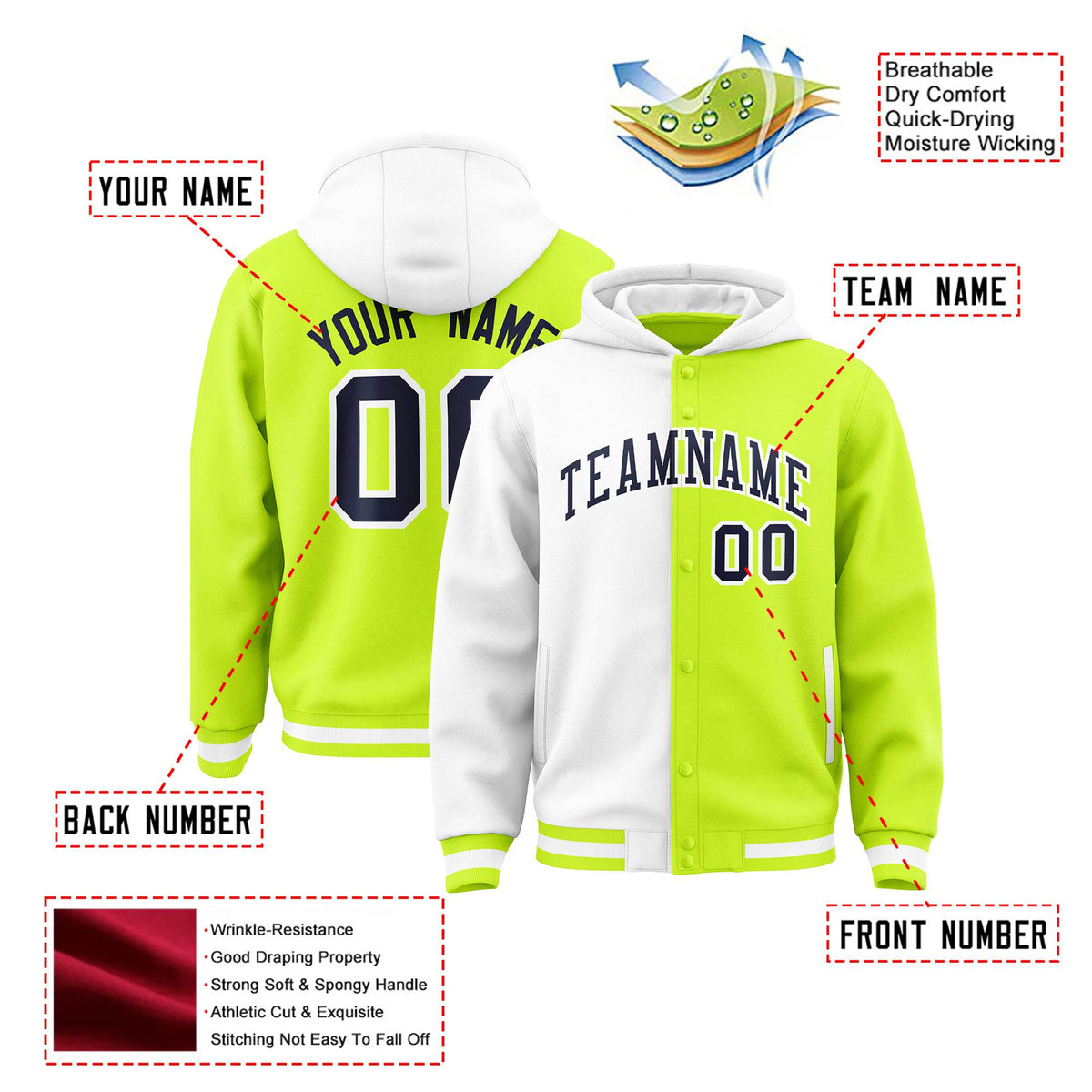 Custom White Fluorescent Green Split Fashion Varsity Full-Snap Letterman Two Tone Hoodie Jacket