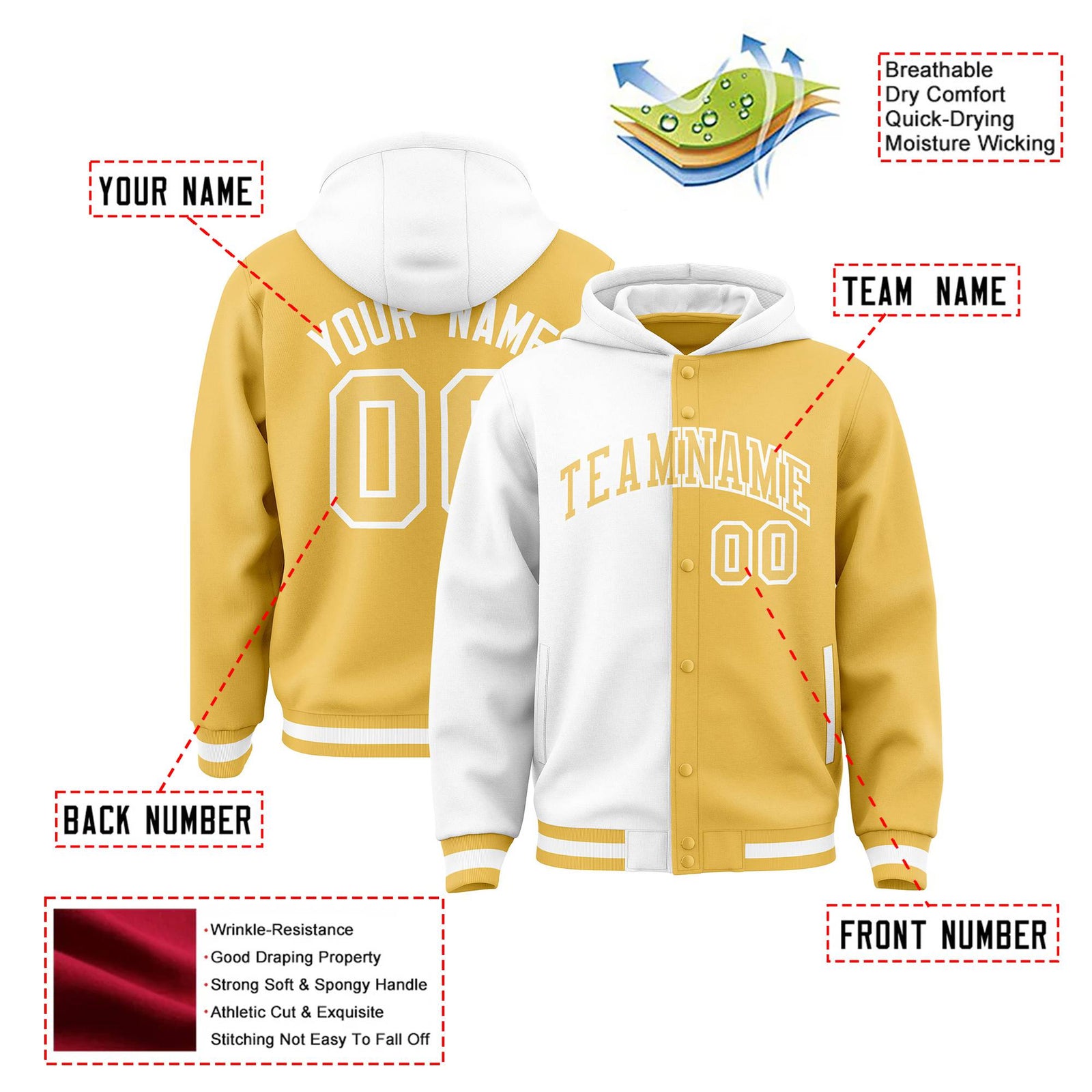 Custom White Old Gold Split Fashion Varsity Full-Snap Letterman Two Tone Hoodie Jacket