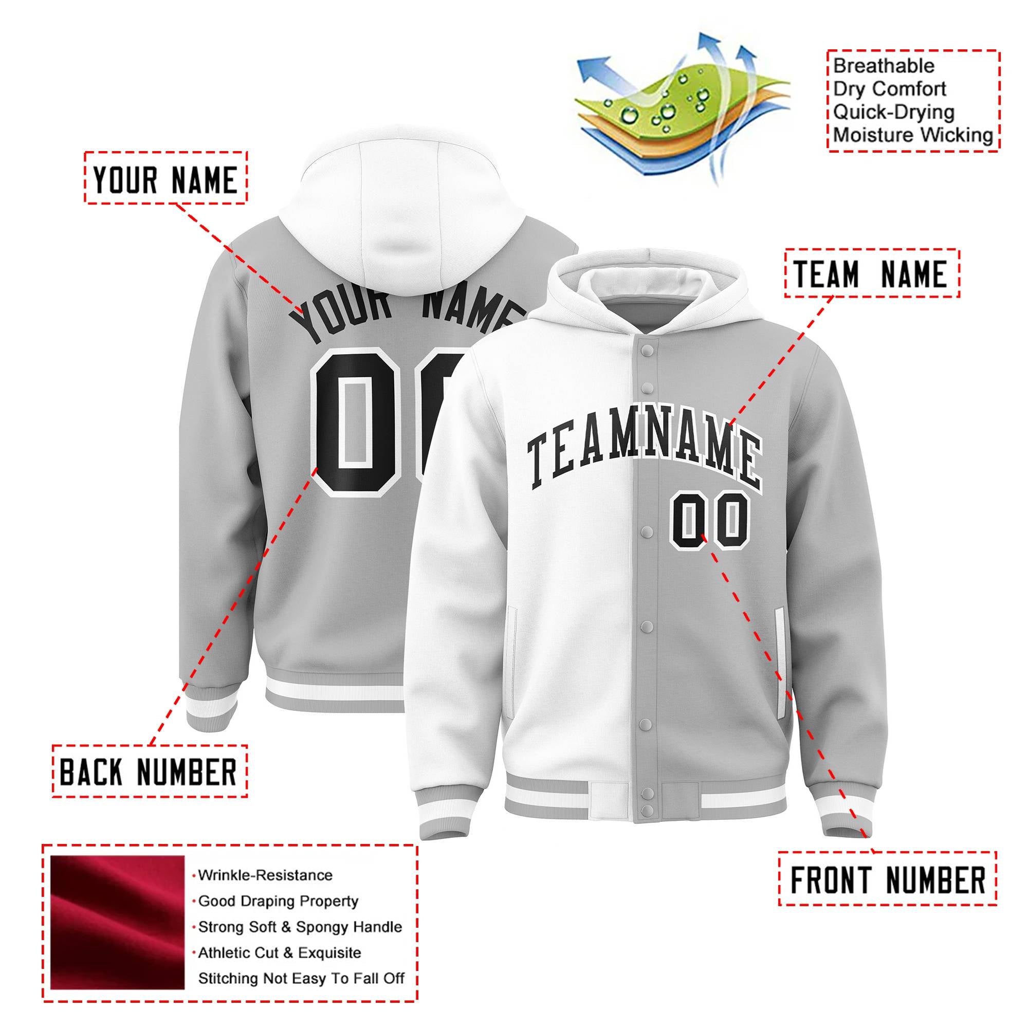 Custom White Gray Split Fashion Varsity Full-Snap Letterman Two Tone Hoodie Jacket