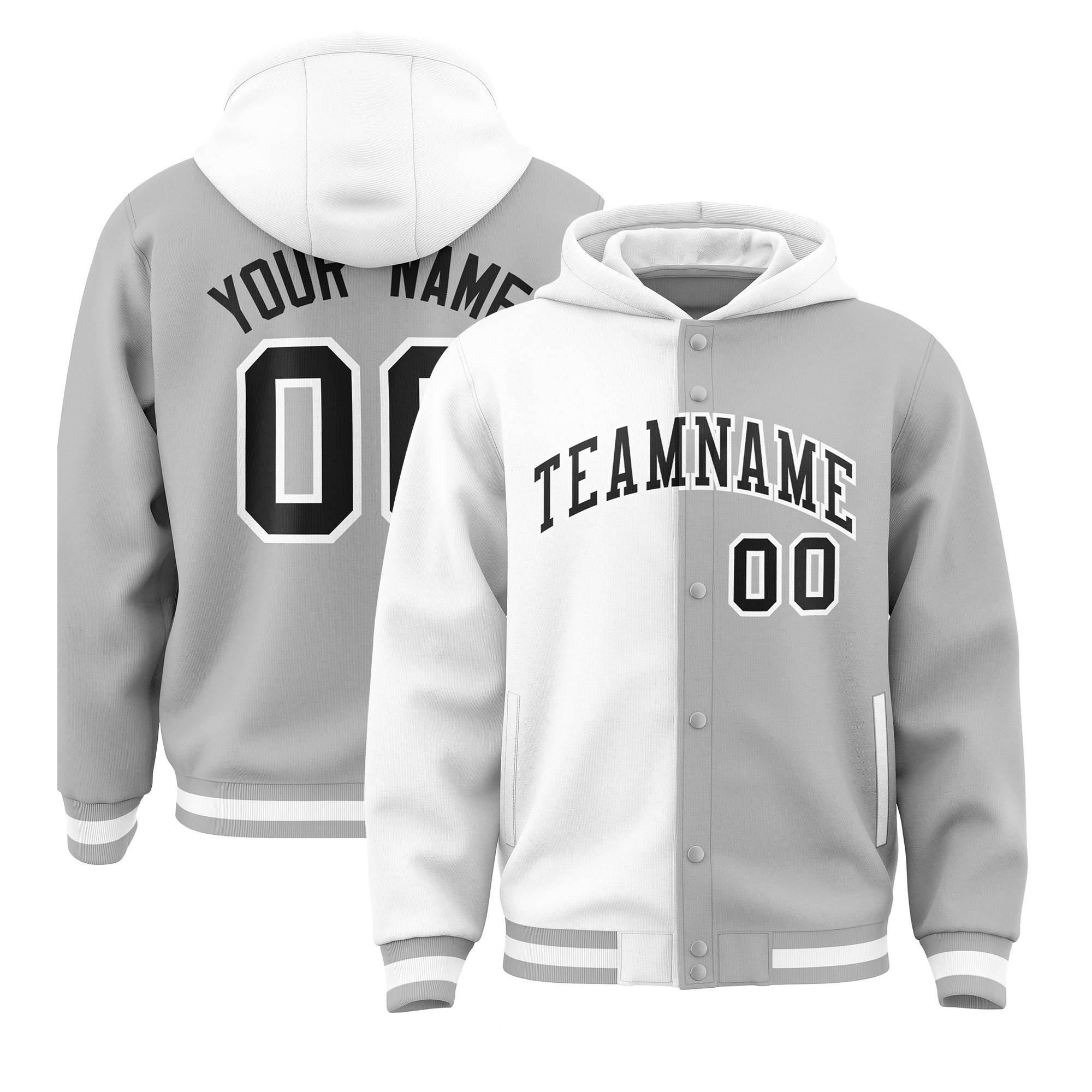 Custom White Gray Split Fashion Varsity Full-Snap Letterman Two Tone Hoodie Jacket