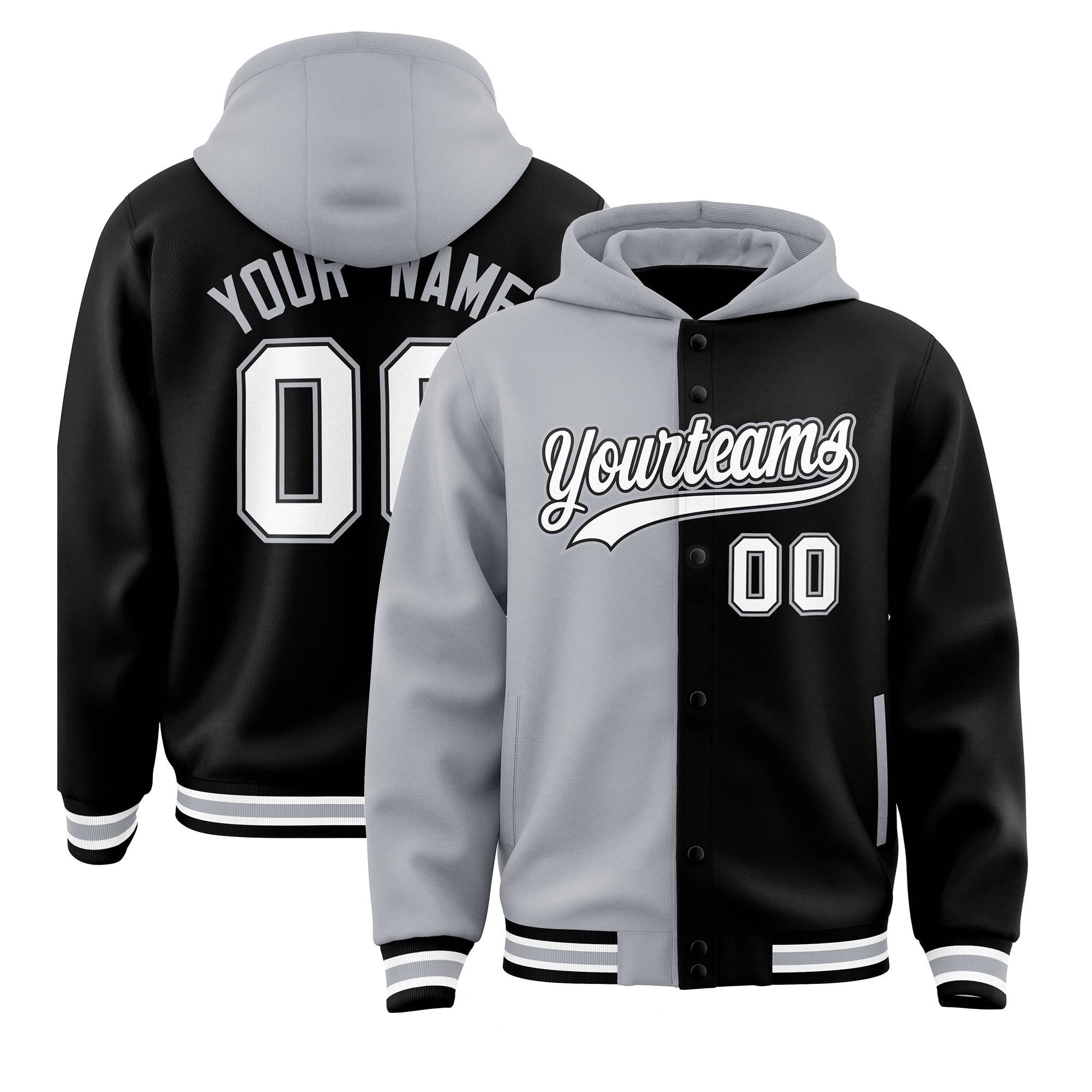 Custom Gray Black Split Fashion Varsity Full-Snap Letterman Two Tone Hoodie Jacket