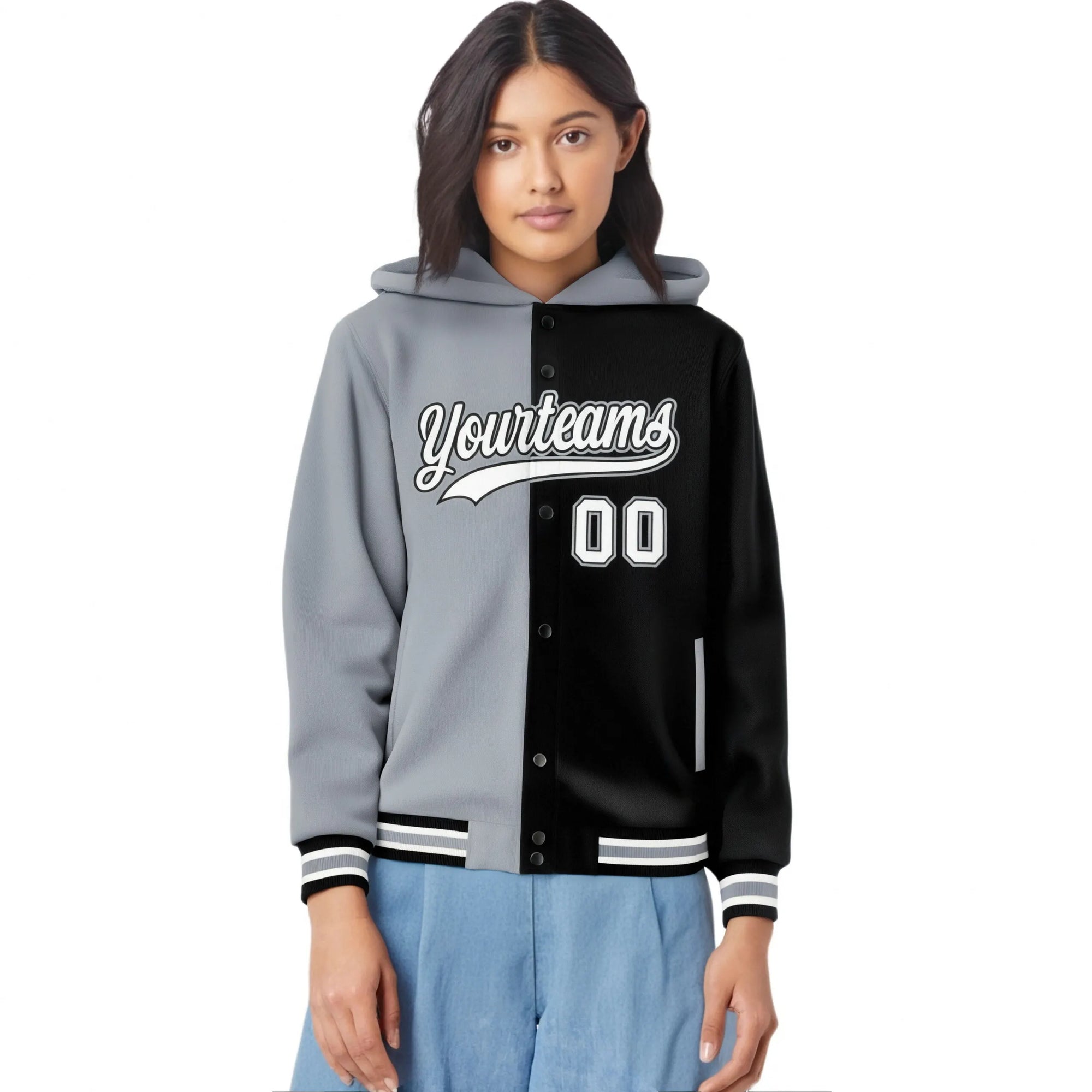 Custom Gray Black Split Fashion Varsity Full-Snap Letterman Two Tone Hoodie Jacket