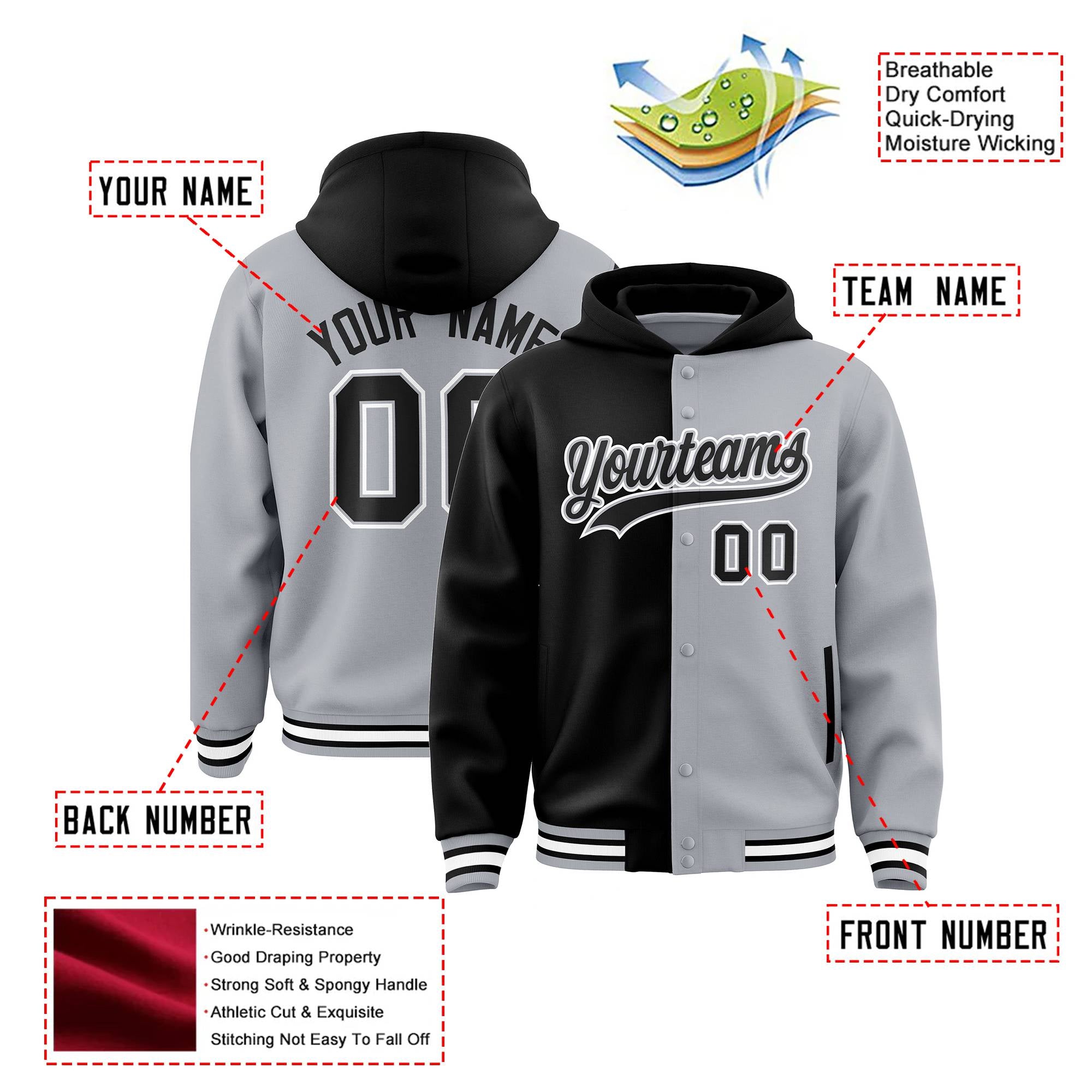 Custom Black Gray Split Fashion Varsity Full-Snap Letterman Two Tone Hoodie Jacket