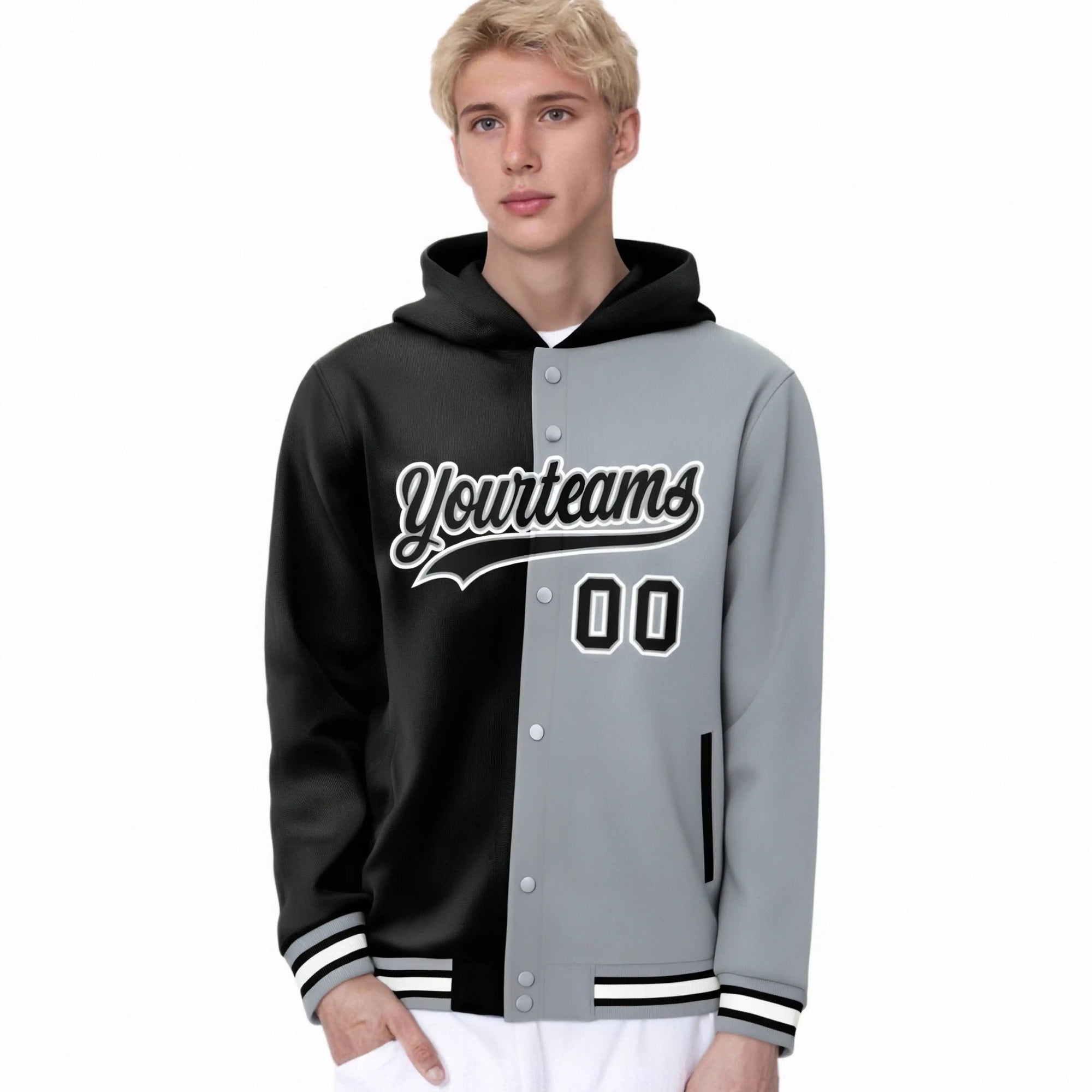 Custom Black Gray Split Fashion Varsity Full-Snap Letterman Two Tone Hoodie Jacket