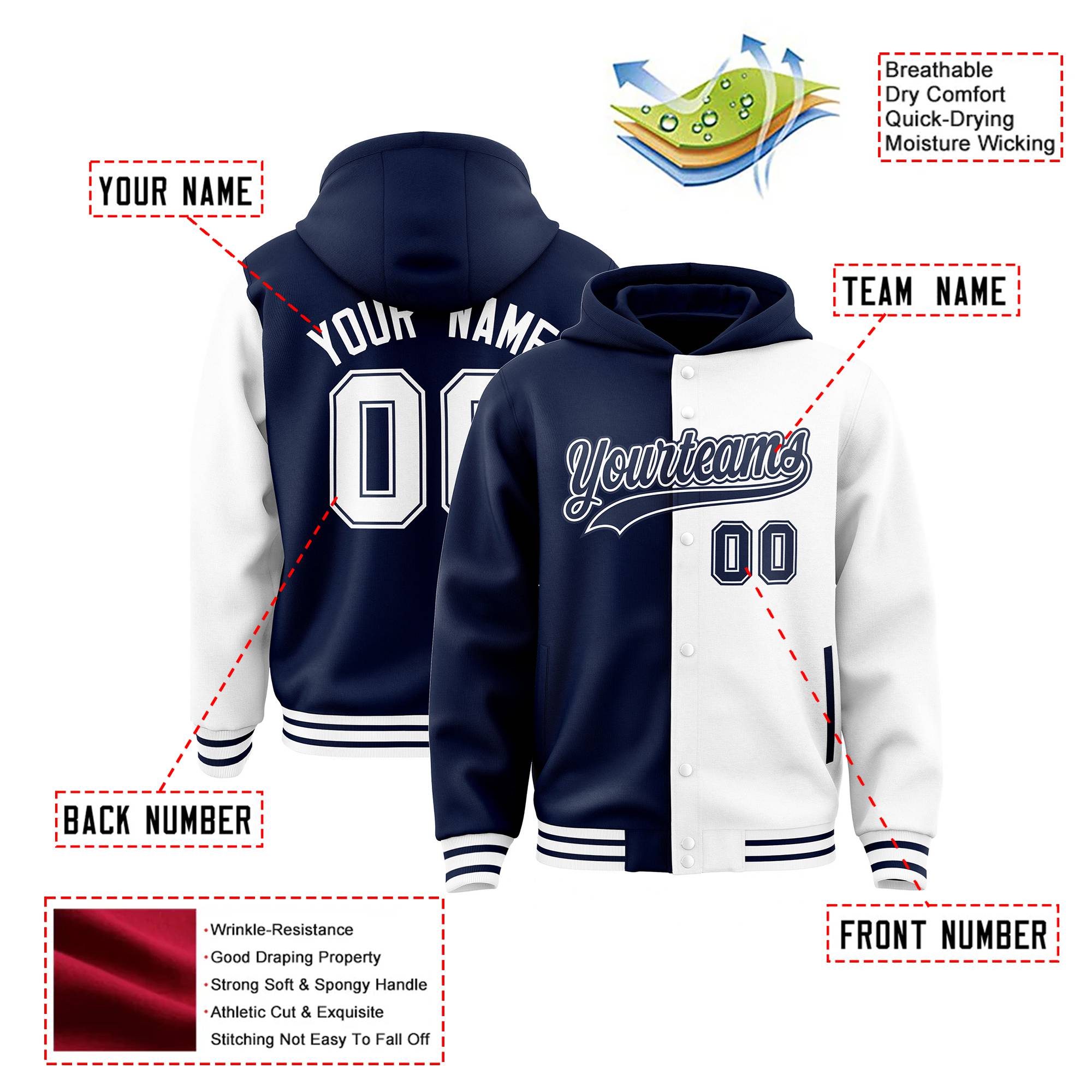 Custom Navy White Split Fashion Varsity Full-Snap Letterman Two Tone Hoodie Jacket