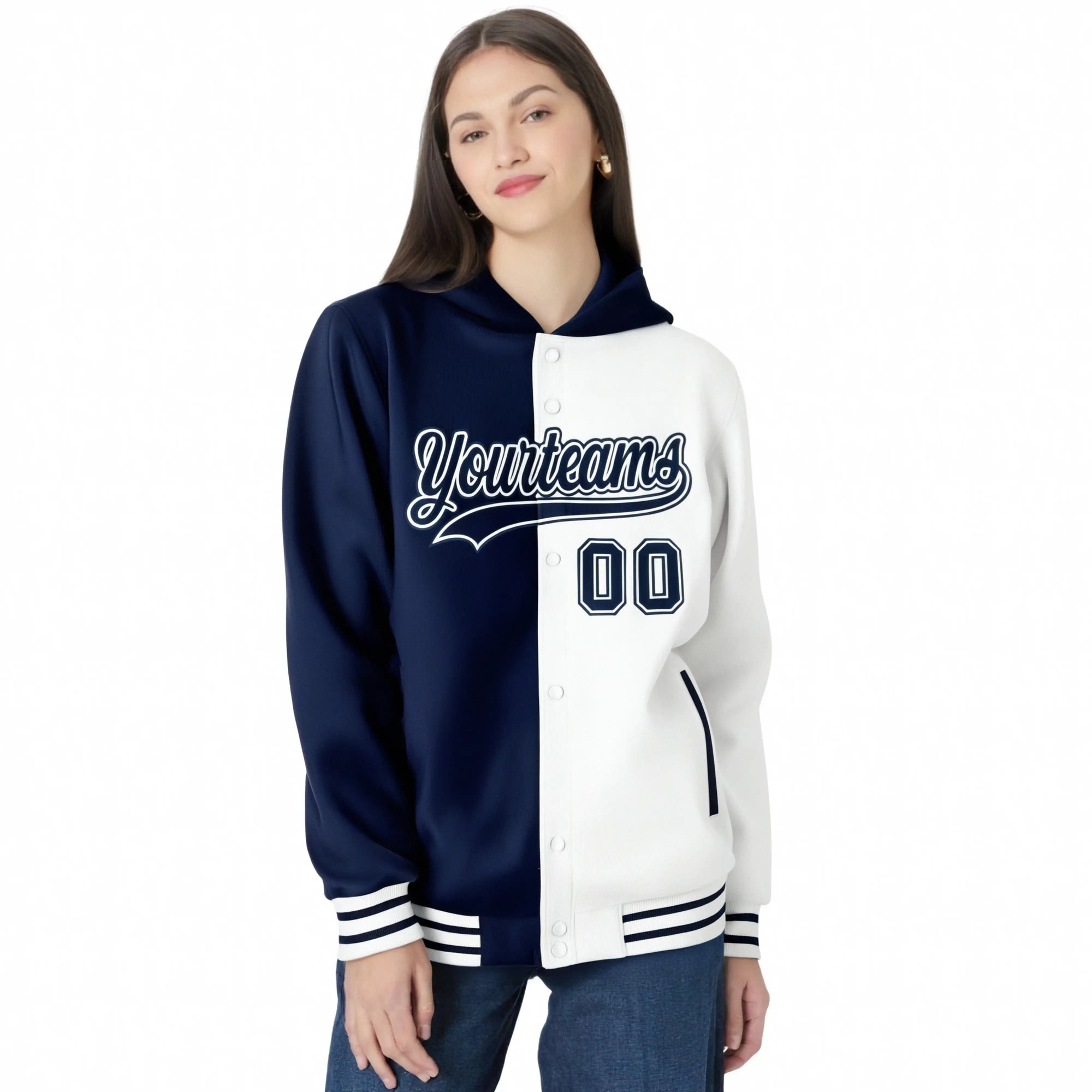 Custom Navy White Split Fashion Varsity Full-Snap Letterman Two Tone Hoodie Jacket