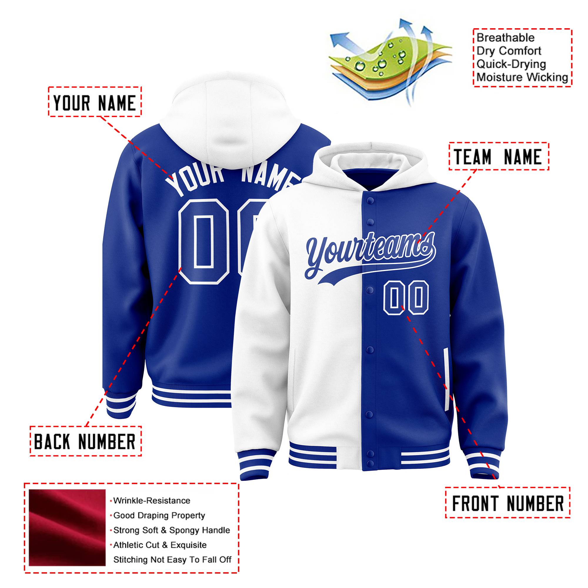 Custom White Royal Blue Split Fashion Varsity Full-Snap Letterman Two Tone Hoodie Jacket