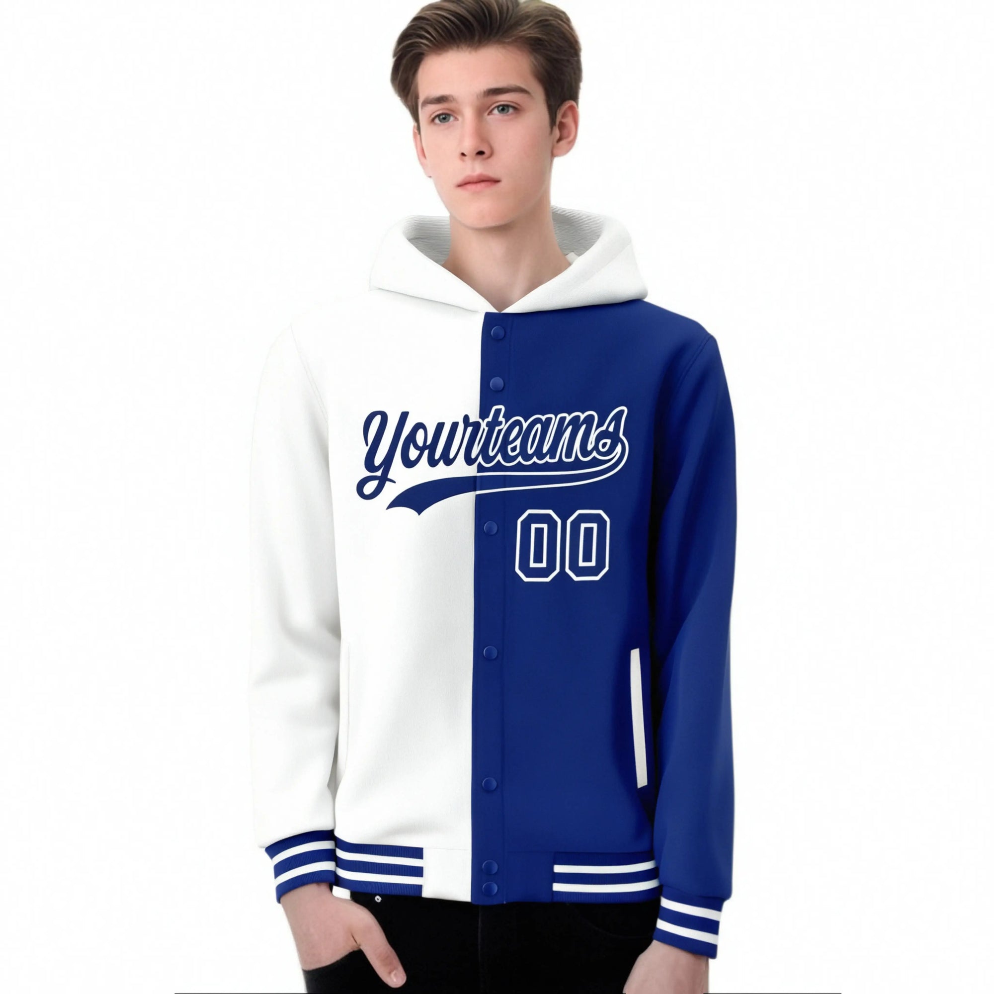 Custom White Royal Blue Split Fashion Varsity Full-Snap Letterman Two Tone Hoodie Jacket