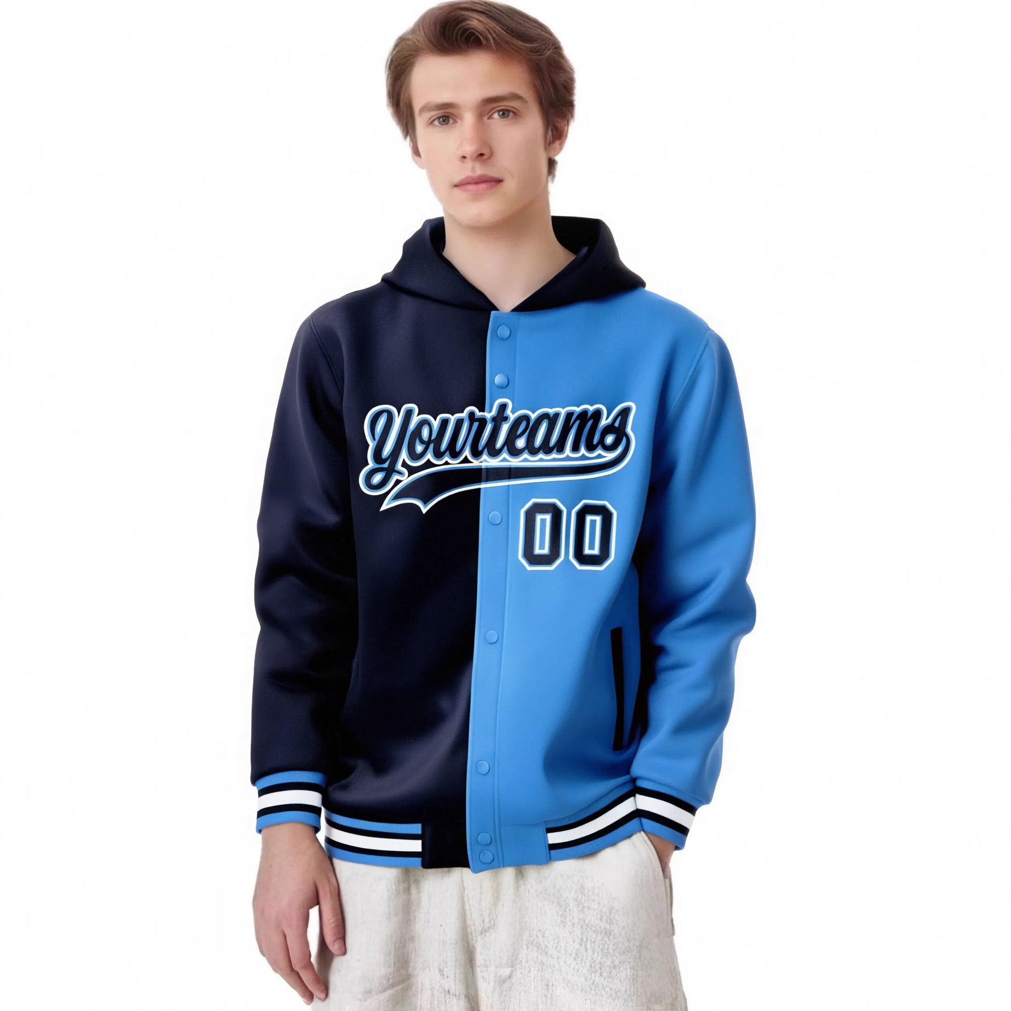 Custom Navy Powder Blue Split Fashion Varsity Full-Snap Letterman Two Tone Hoodie Jacket