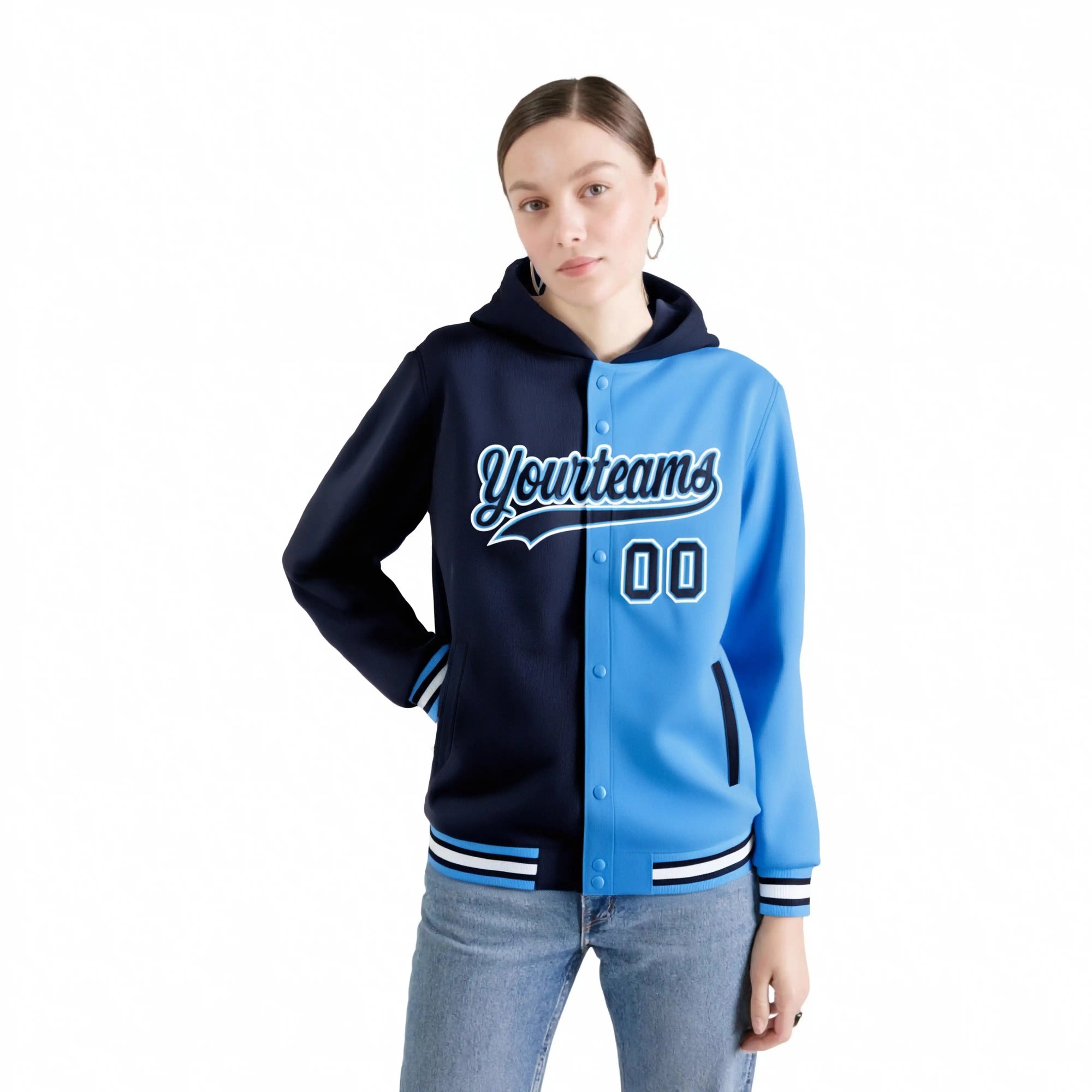 Custom Navy Powder Blue Split Fashion Varsity Full-Snap Letterman Two Tone Hoodie Jacket