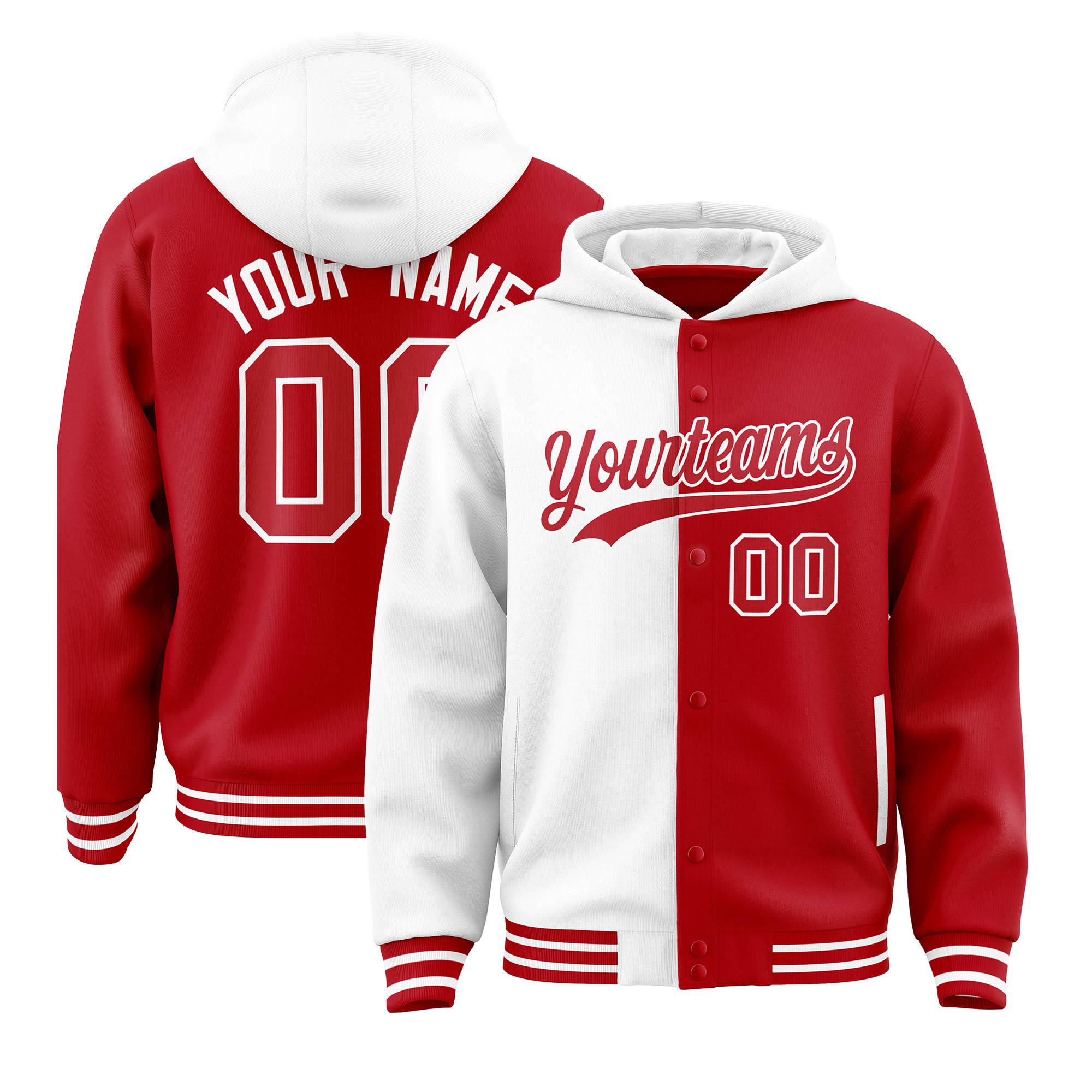 Custom White Red Split Fashion Varsity Full-Snap Letterman Two Tone Hoodie Jacket