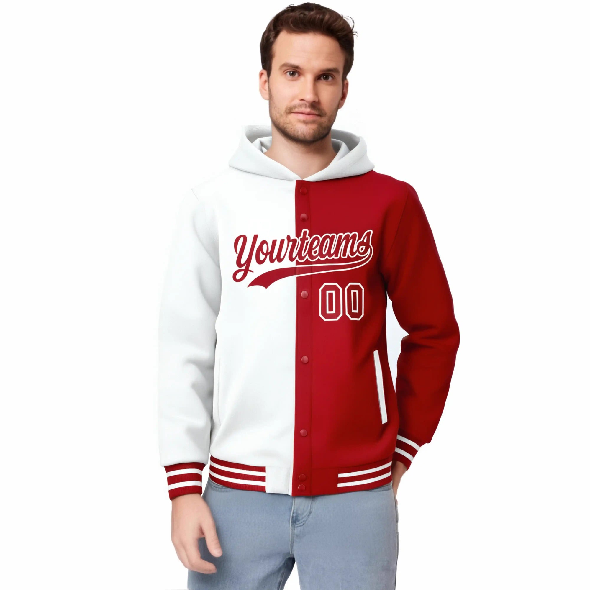 Custom White Red Split Fashion Varsity Full-Snap Letterman Two Tone Hoodie Jacket