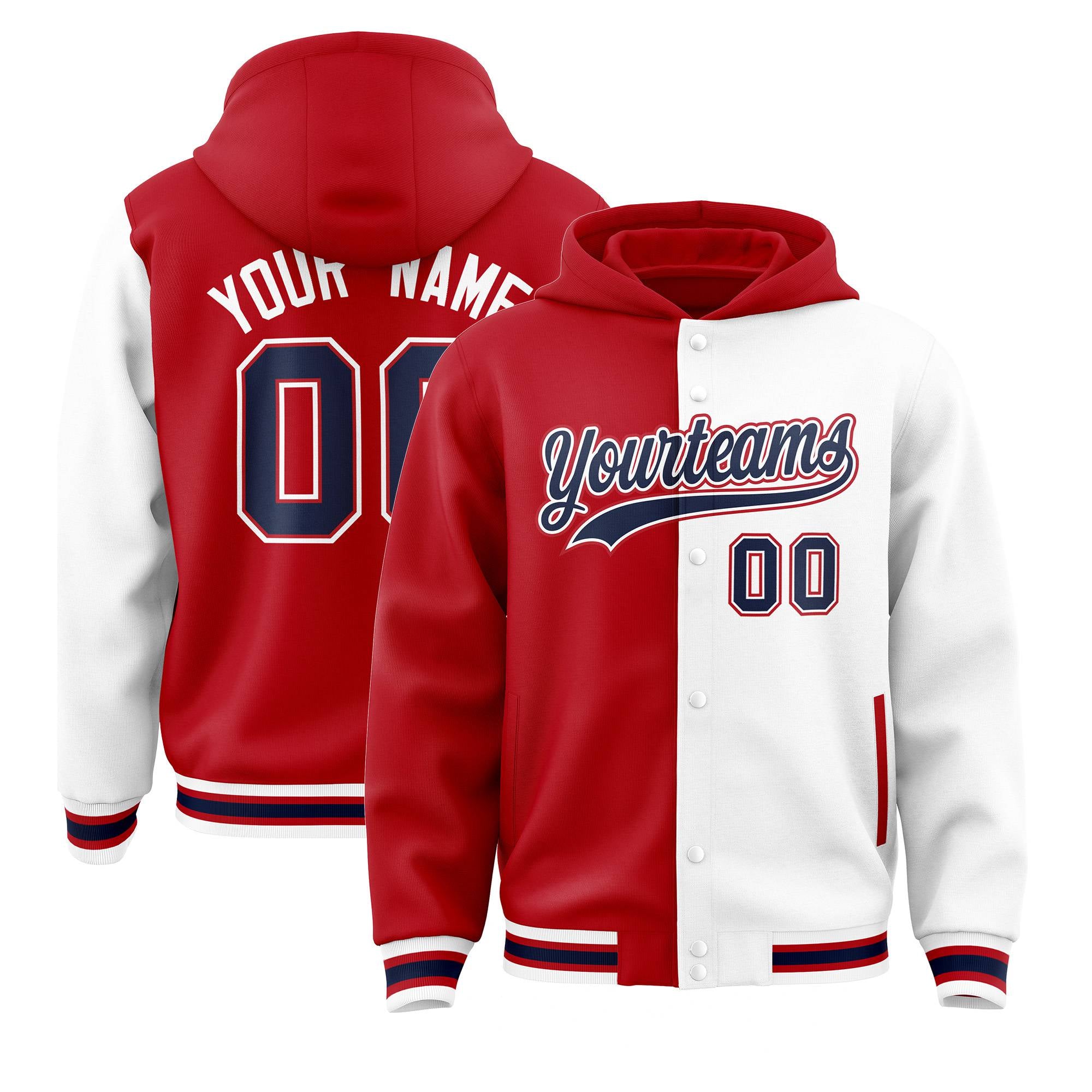 Custom Red White Split Fashion Varsity Full-Snap Letterman Two Tone Hoodie Jacket