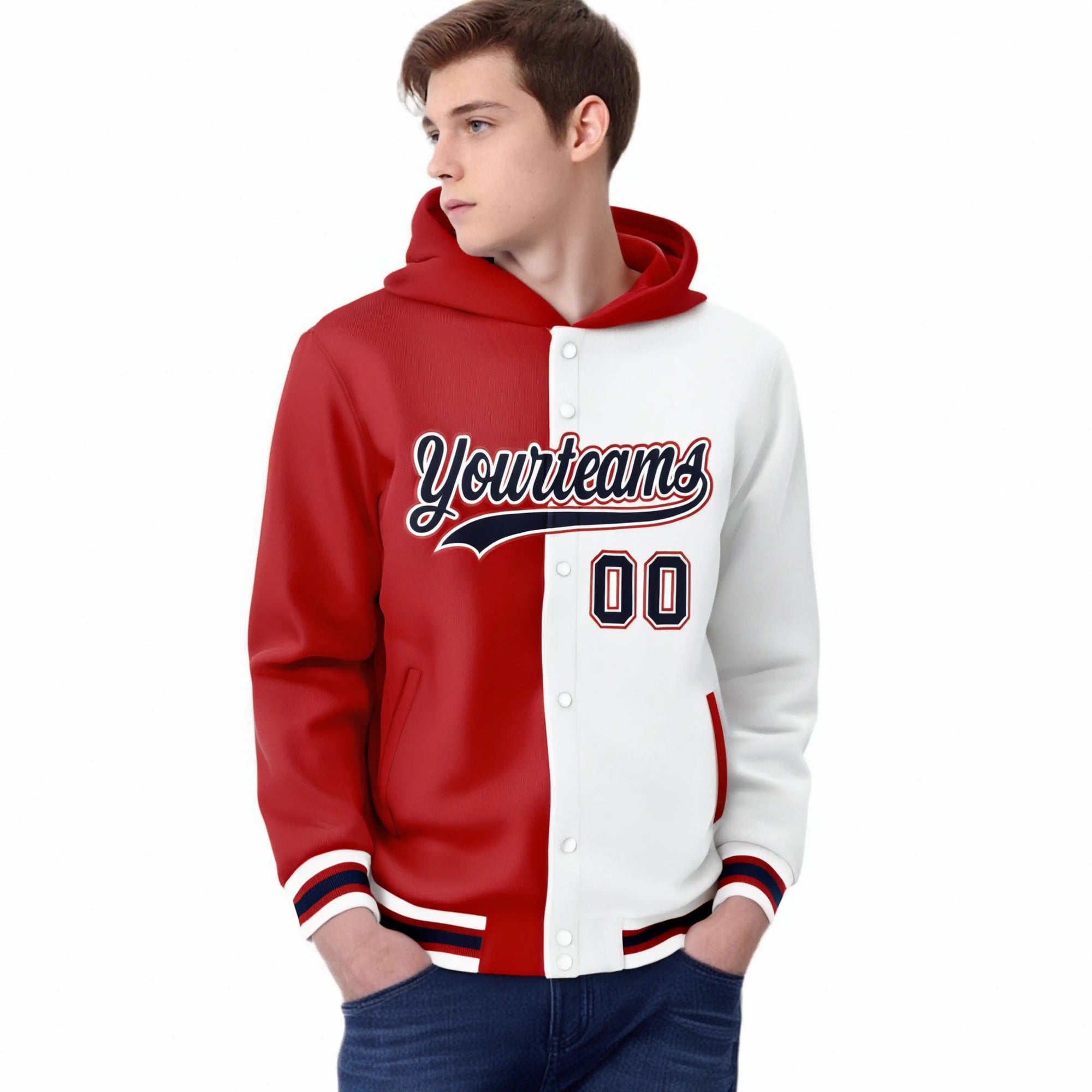 Custom Red White Split Fashion Varsity Full-Snap Letterman Two Tone Hoodie Jacket