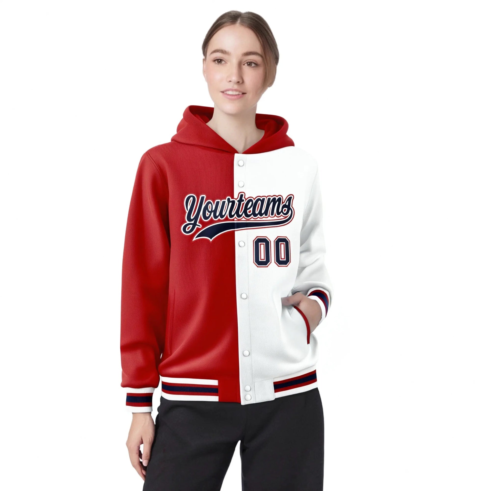 Custom Red White Split Fashion Varsity Full-Snap Letterman Two Tone Hoodie Jacket