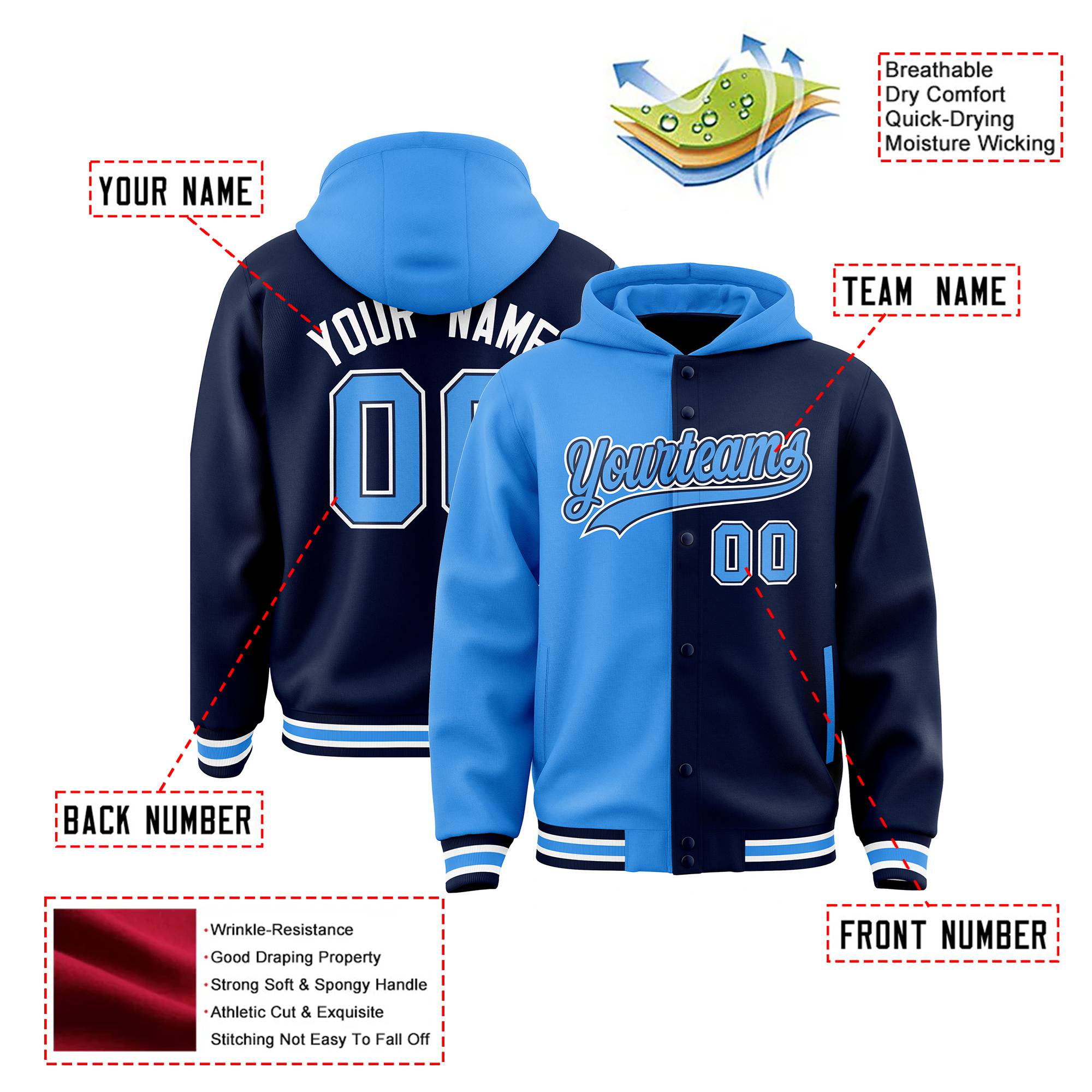 Custom Powder Blue Navy Split Fashion Varsity Full-Snap Letterman Two Tone Hoodie Jacket