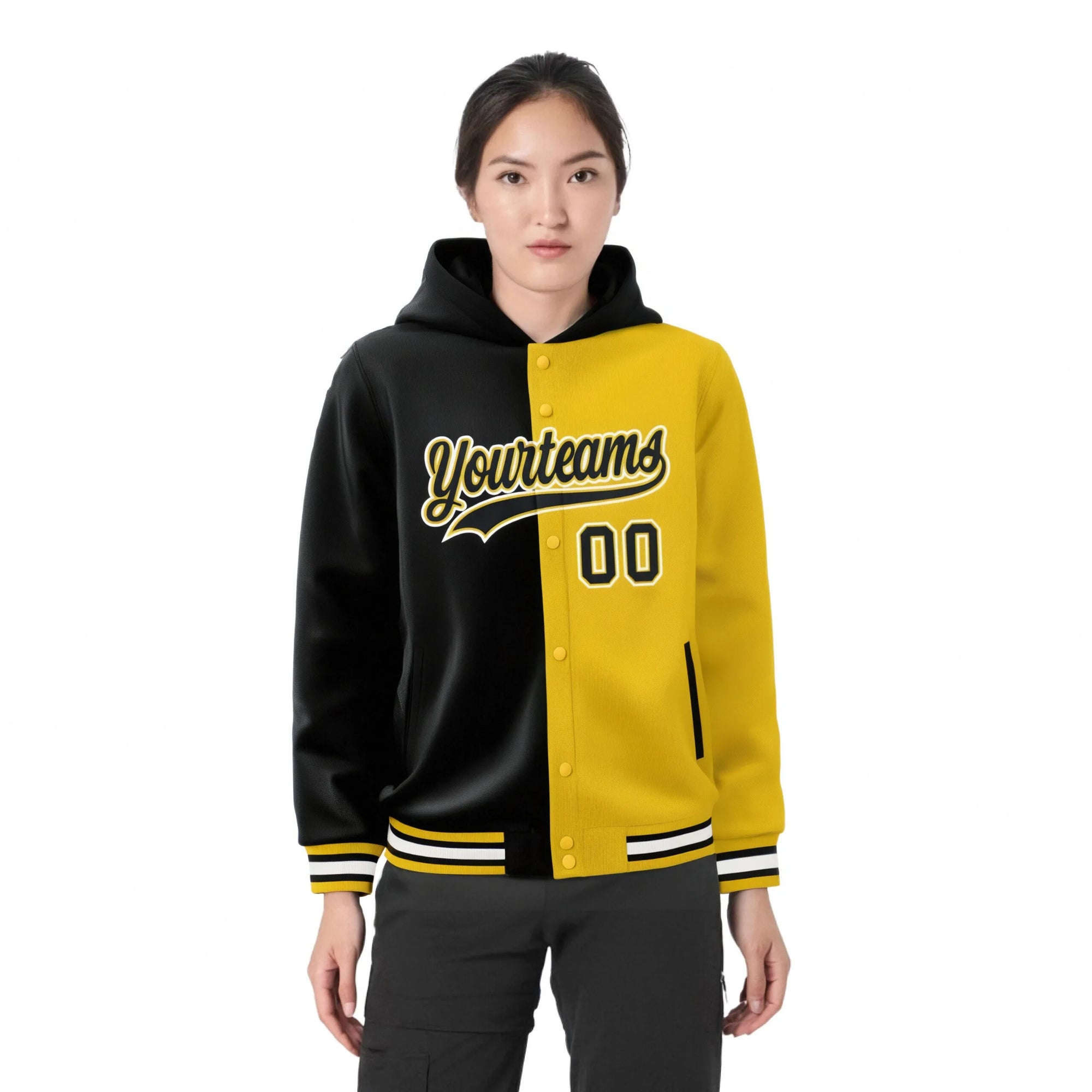 Custom Black Gold Split Fashion Varsity Full-Snap Letterman Two Tone Hoodie Jacket