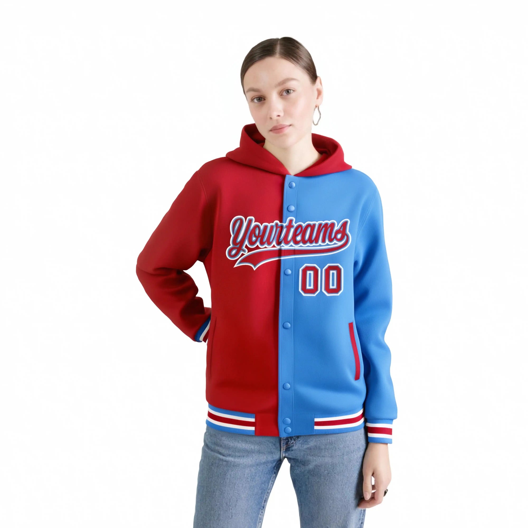 Custom Red Powder Blue Split Fashion Varsity Full-Snap Letterman Two Tone Hoodie Jacket