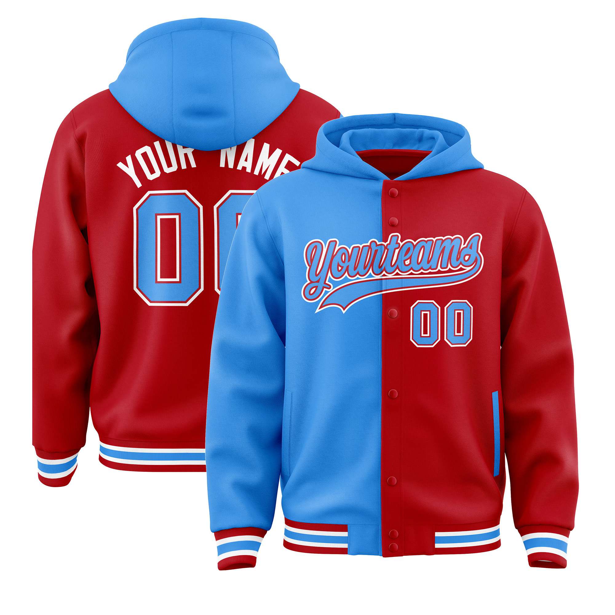 Custom Powder Blue Red Split Fashion Varsity Full-Snap Letterman Two Tone Hoodie Jacket