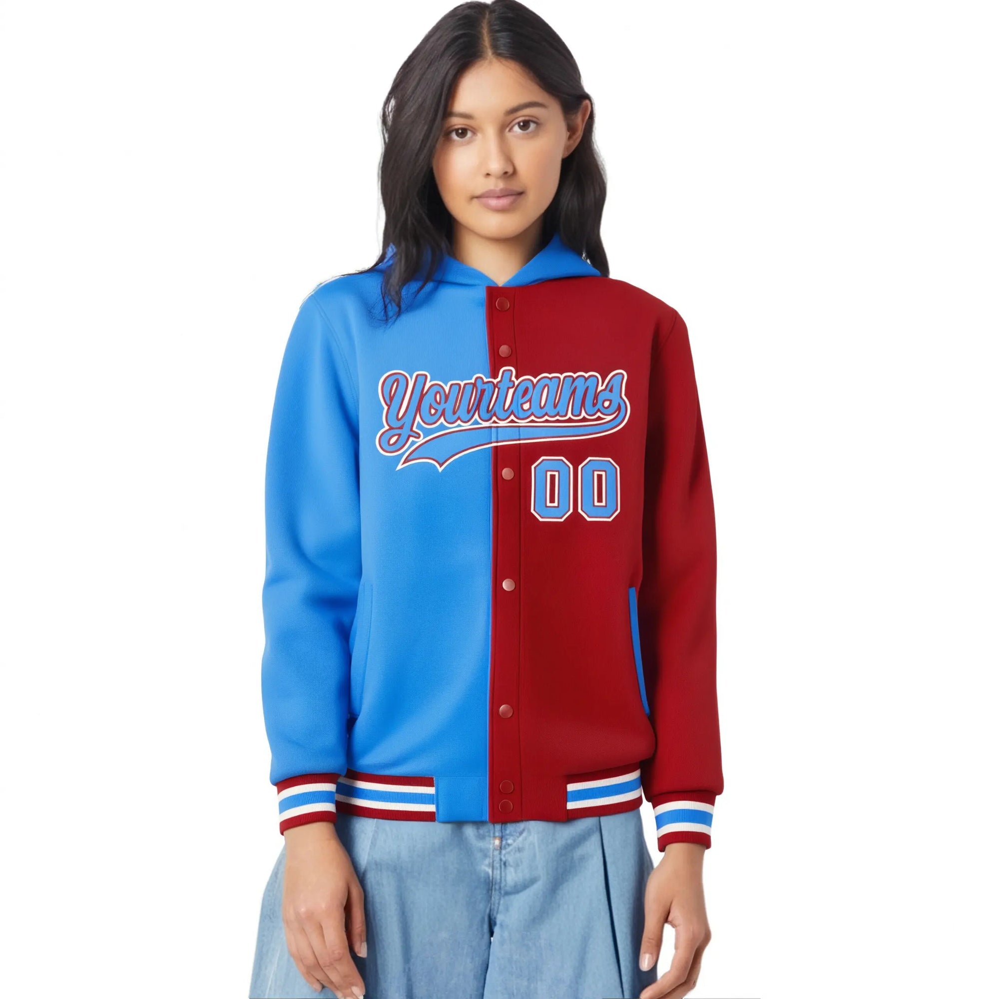 Custom Powder Blue Red Split Fashion Varsity Full-Snap Letterman Two Tone Hoodie Jacket