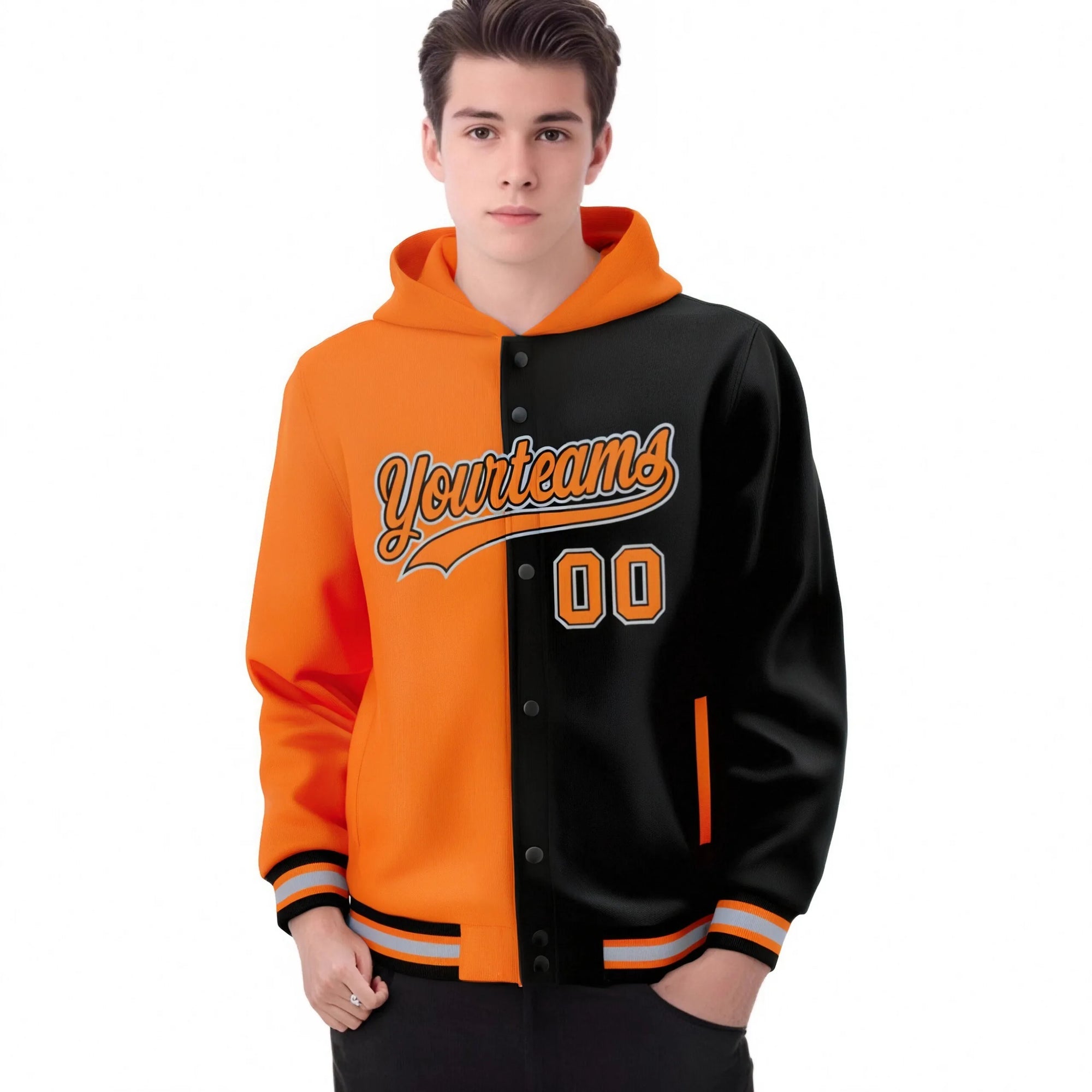 Custom Orange Black Split Fashion Varsity Full-Snap Letterman Two Tone Hoodie Jacket