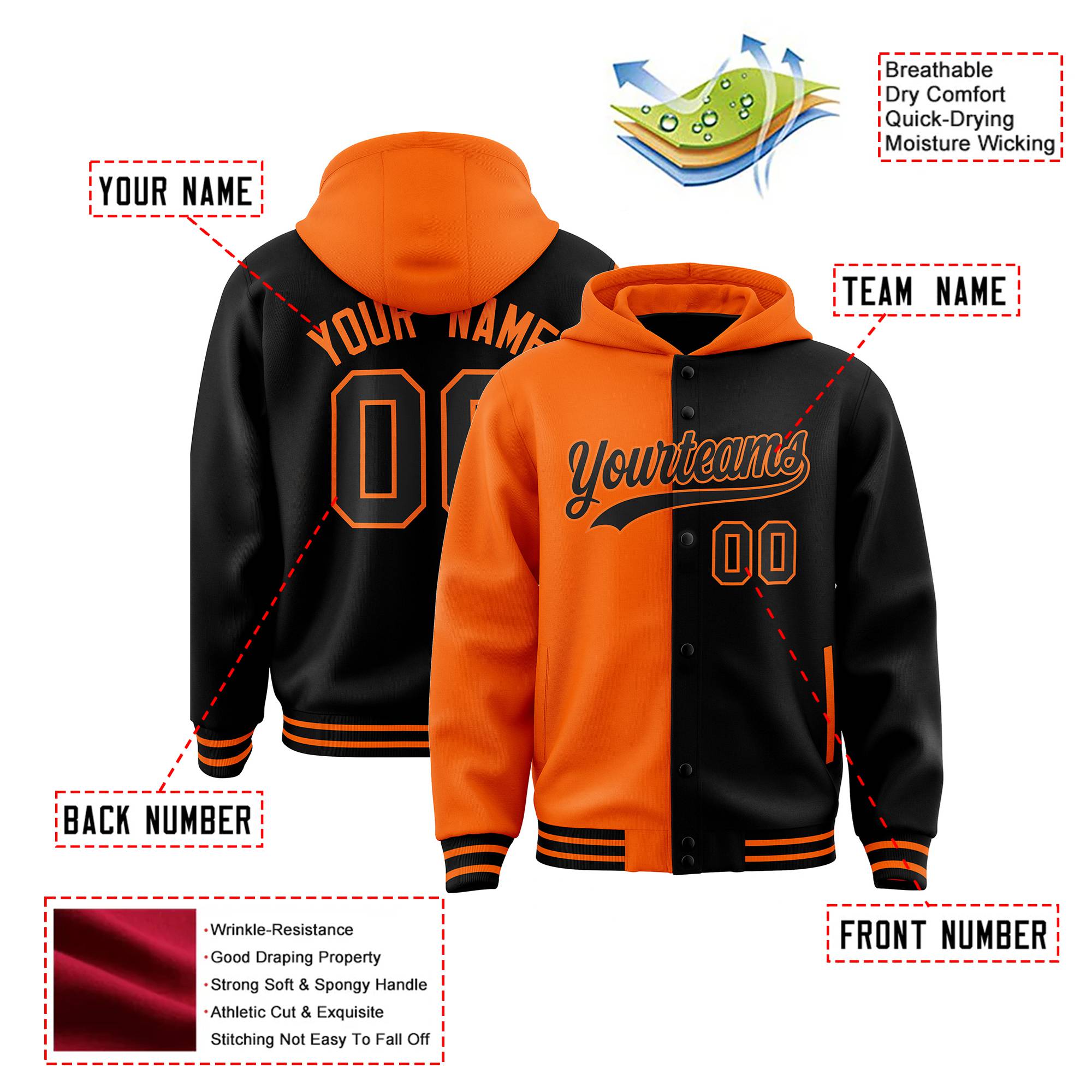 Custom Orange Black Split Fashion Varsity Full-Snap Letterman Two Tone Hoodie Jacket