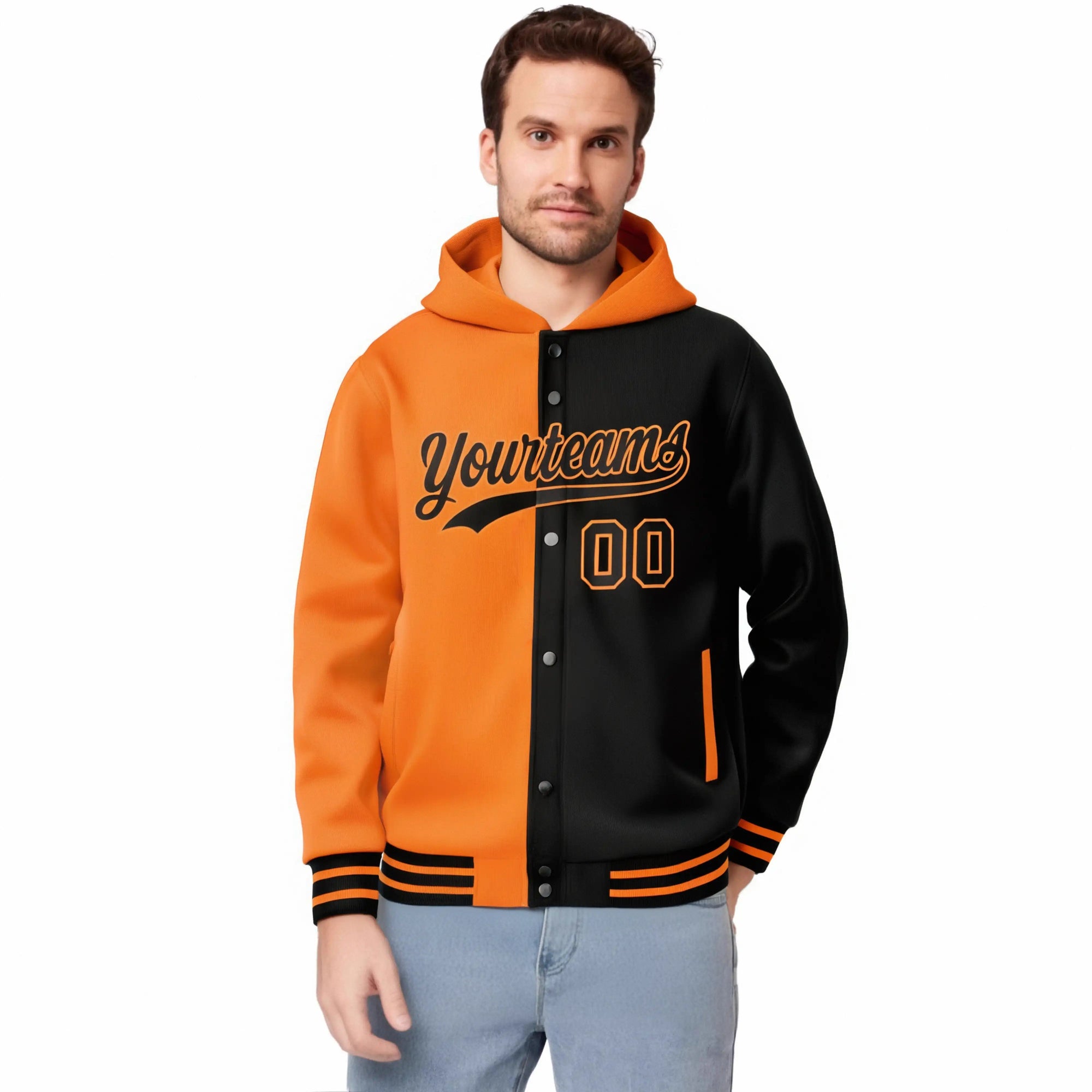 Custom Orange Black Split Fashion Varsity Full-Snap Letterman Two Tone Hoodie Jacket