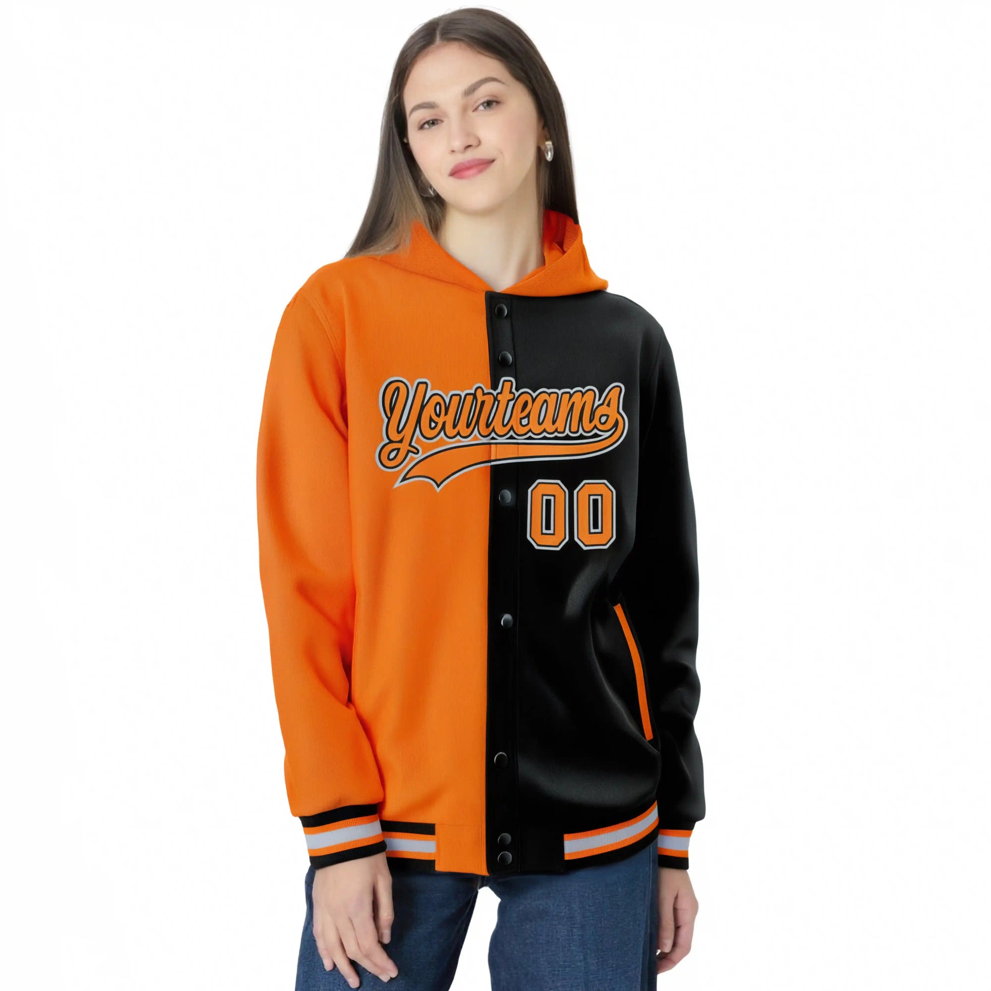 Custom Orange Black Split Fashion Varsity Full-Snap Letterman Two Tone Hoodie Jacket